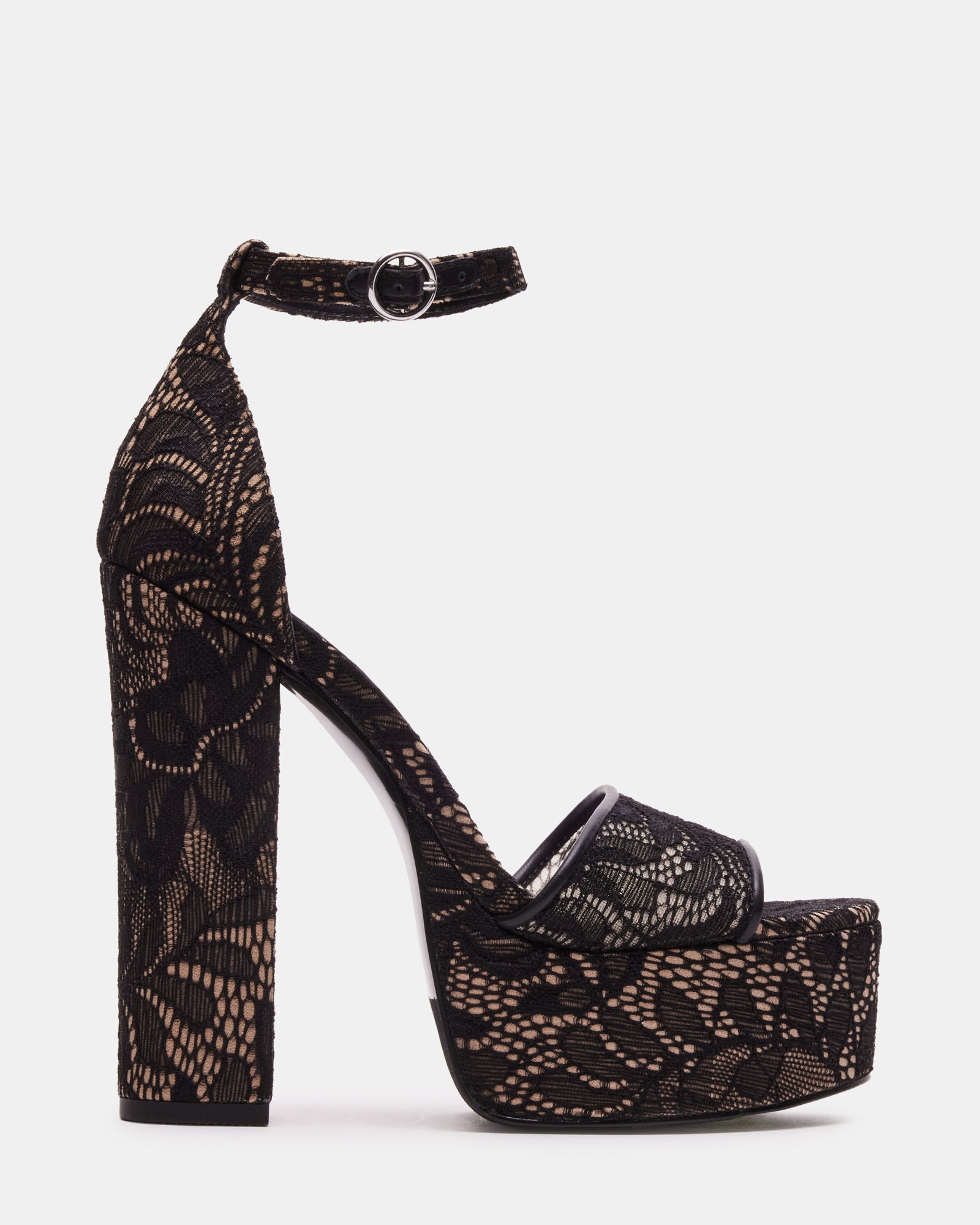Close-up of block heel sandals with textured lace detail and ankle strap