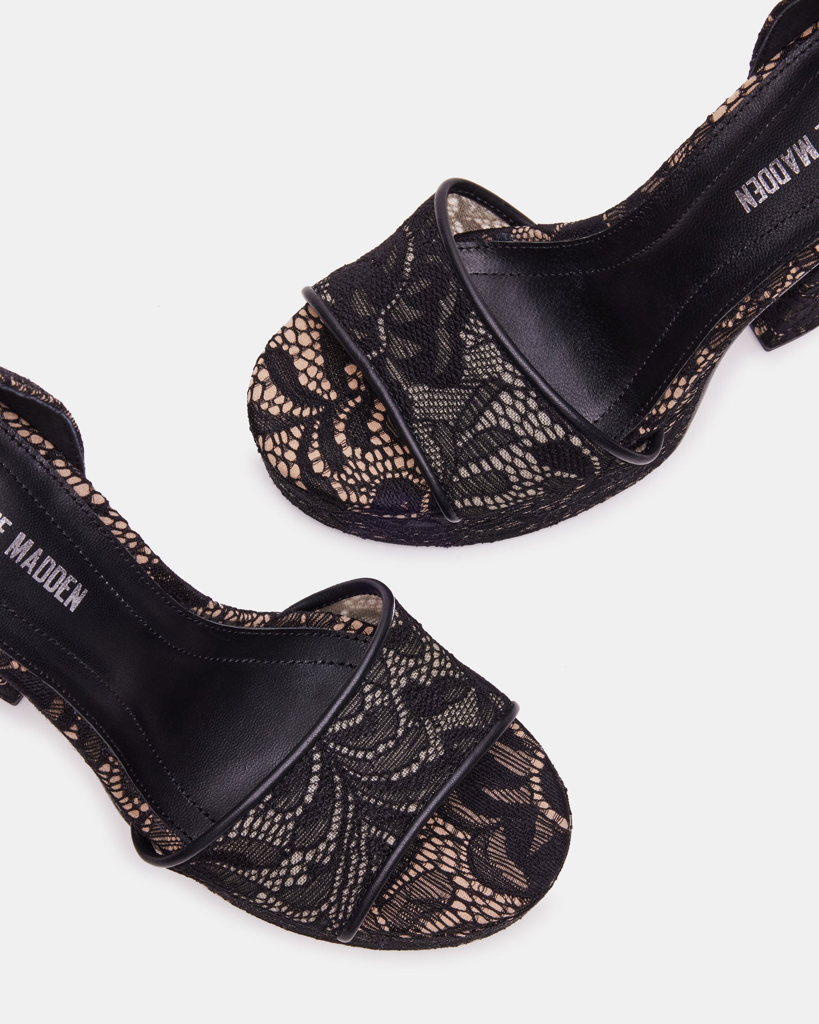 Close-up of block heel sandals with textured lace detail and ankle strap