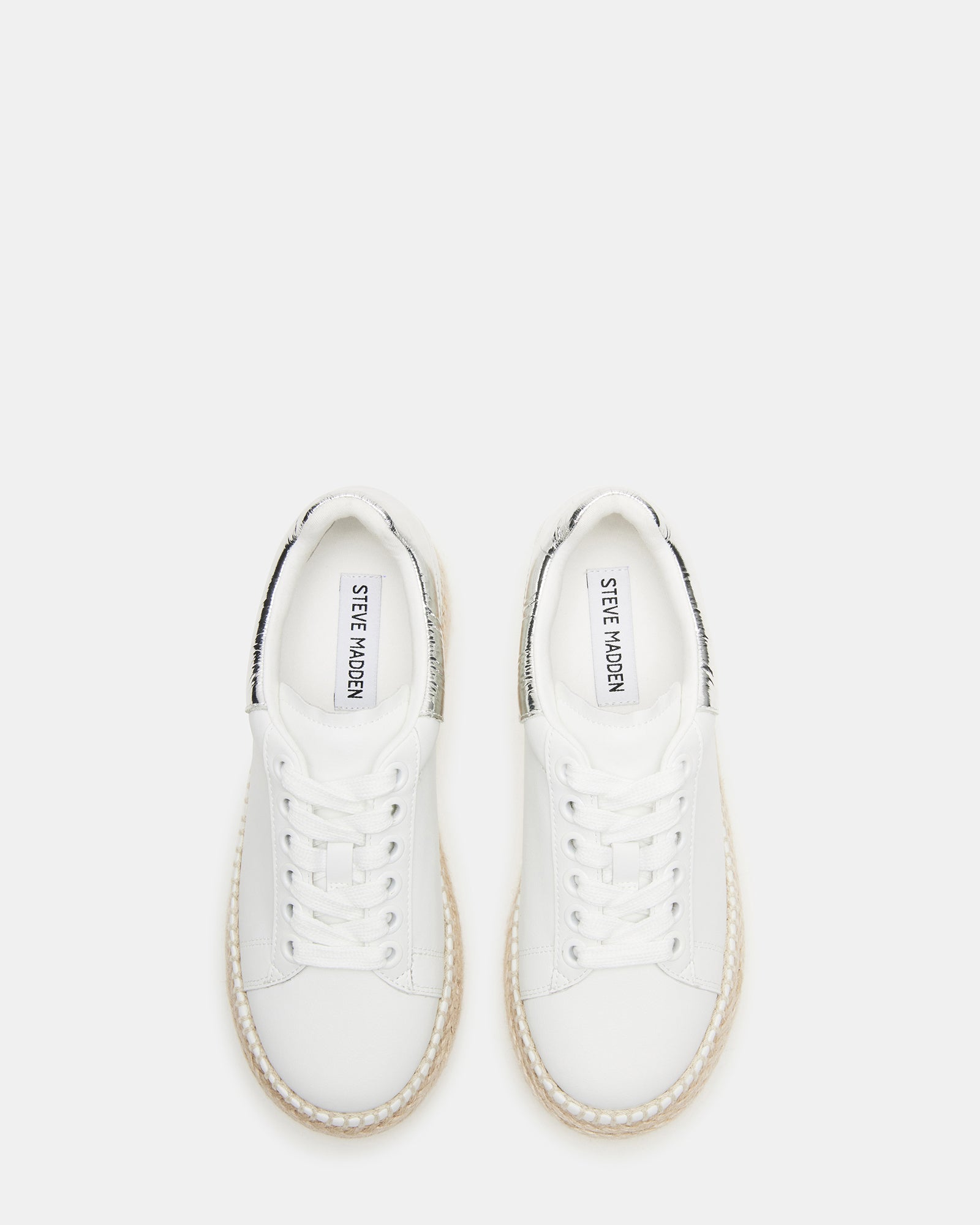 Side view of GLANCE white and silver leather sneakers with espadrille sole, perfect for casual wear