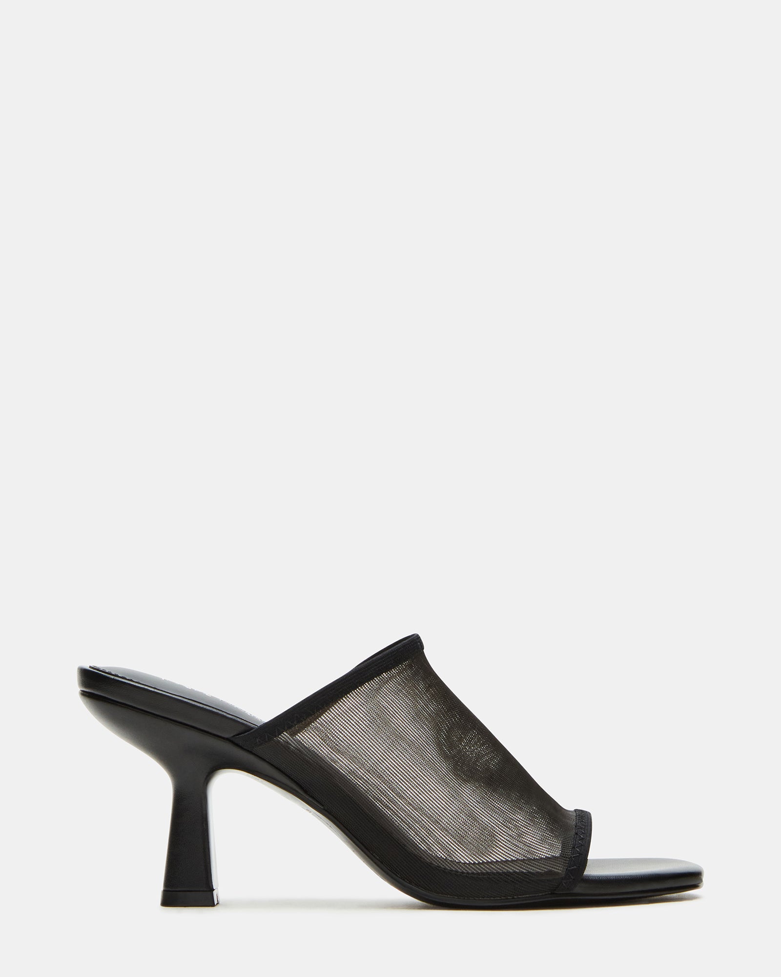 Side view of Gleam Black trendy mules showcasing square toe and mesh design.