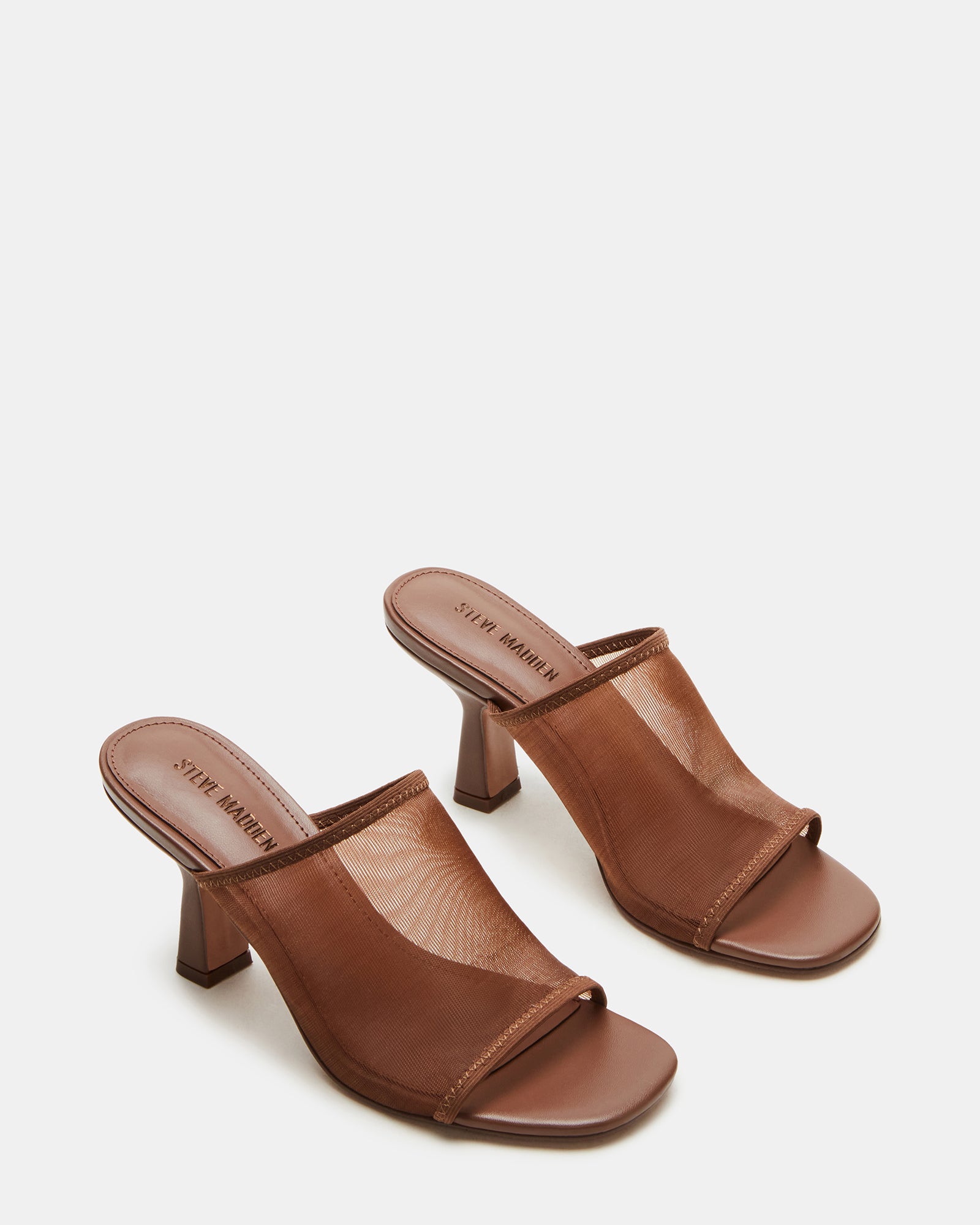 Side profile of mesh high heels highlighting 3-inch heel height