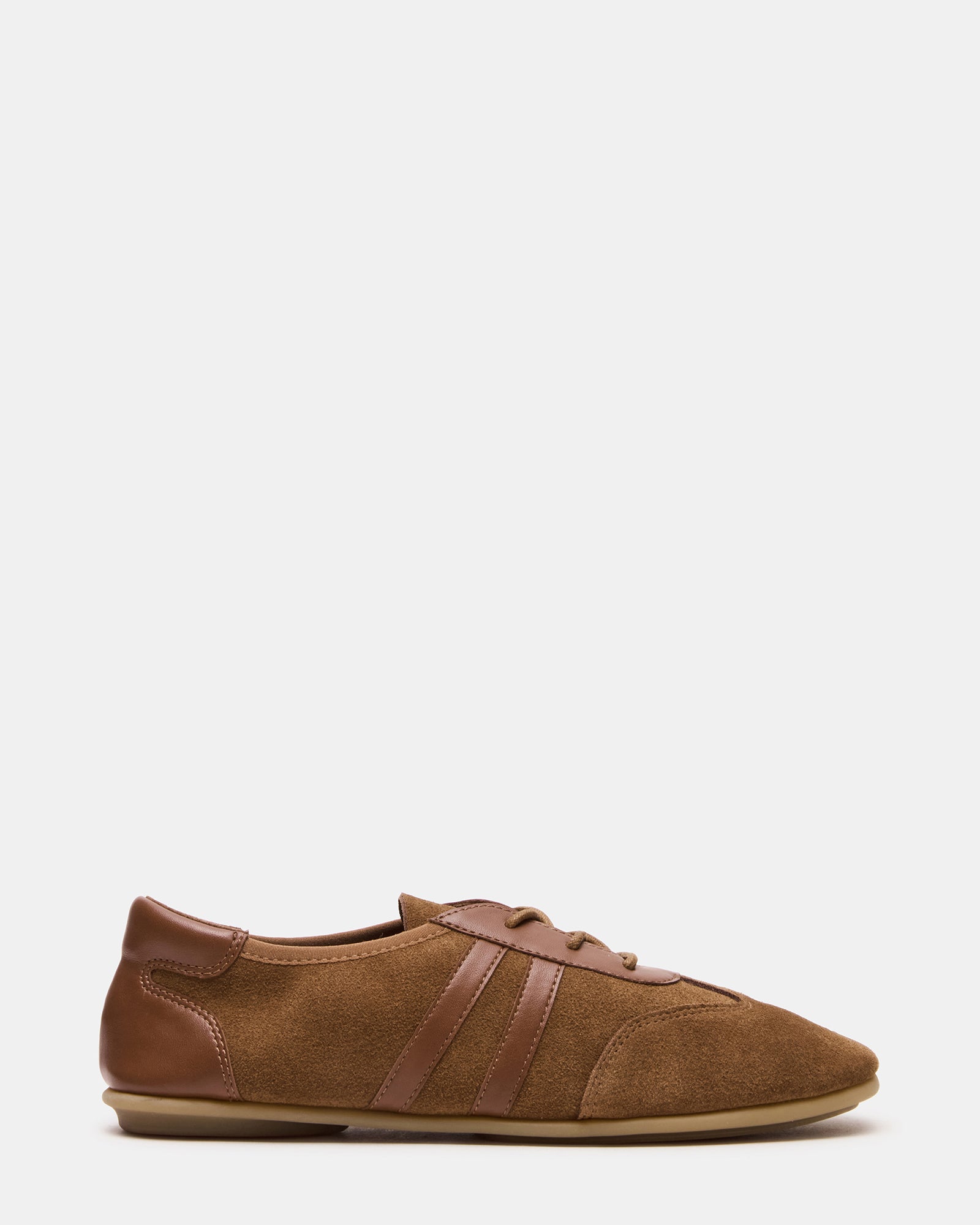 Front view of Glint chestnut suede sneakers for women, styled with casual outfits.