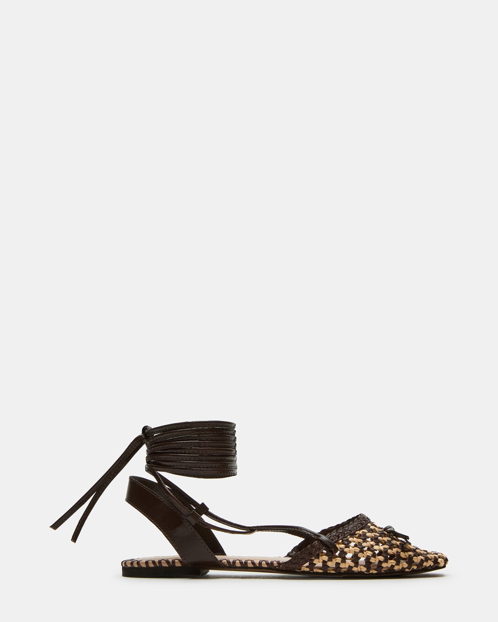 Side view of brown ballet flats ballerina with lace-up detail