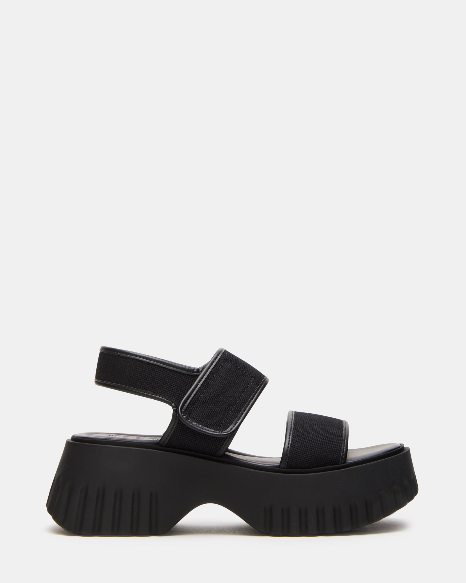 Front view of GROVER black platform sandals with square-toe design