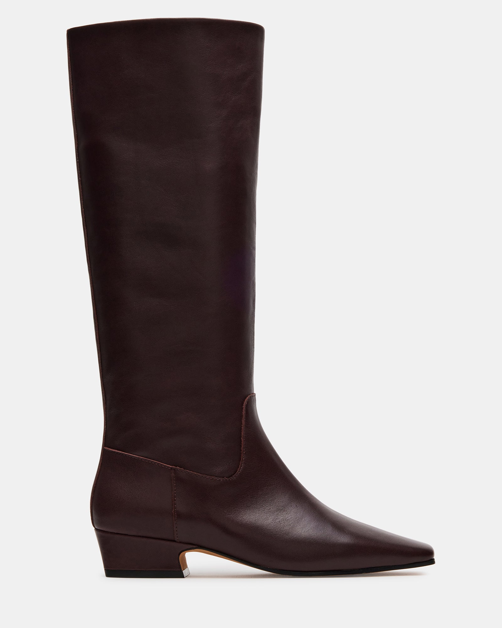 Side view of brown leather boots with square toe and red trim