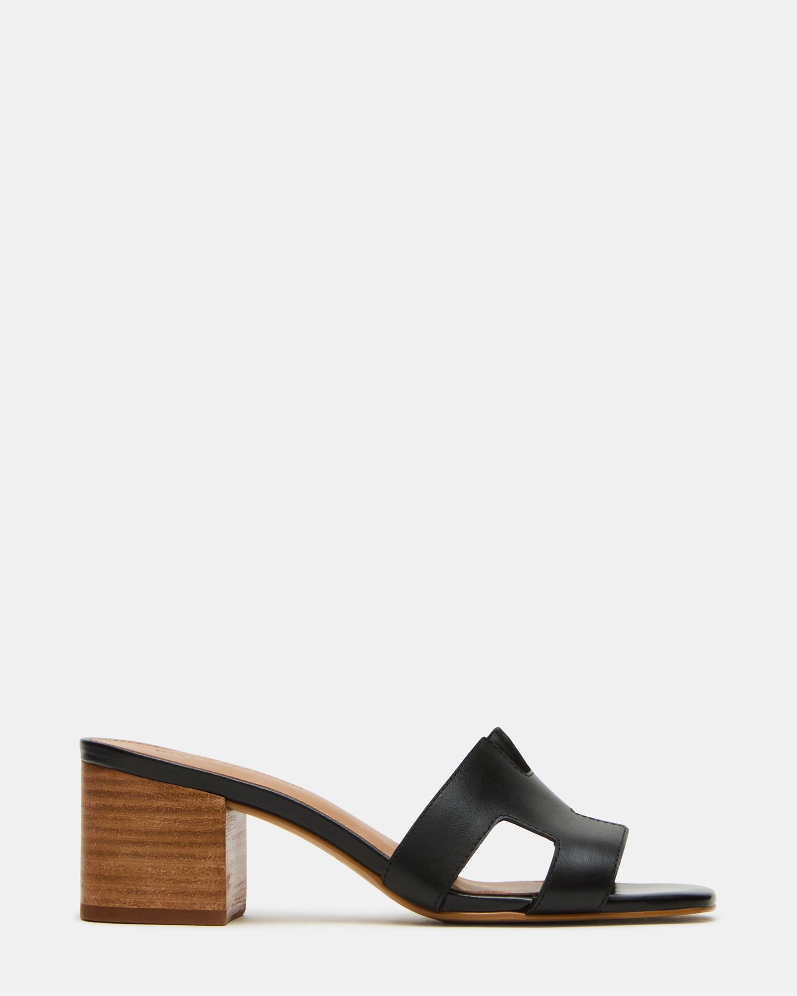 Side view of HADES black leather sandals highlighting the block heel and square toe design