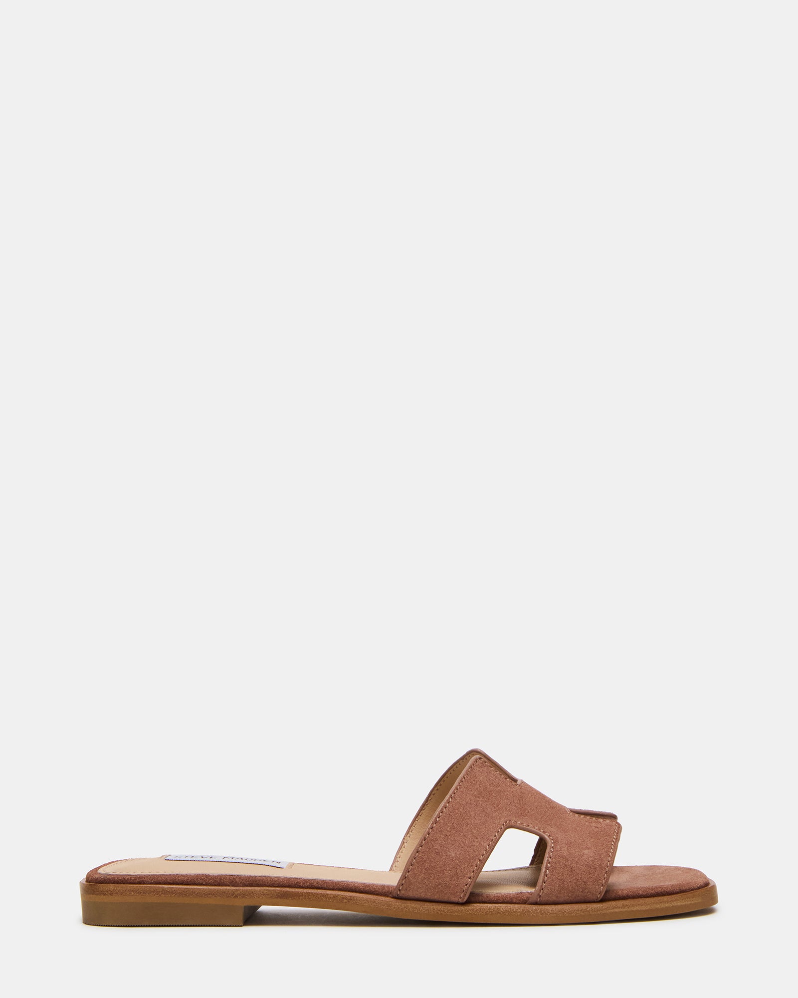 Front view of Hadyn Mocha Suede Slide Sandals showcasing cutout design.
