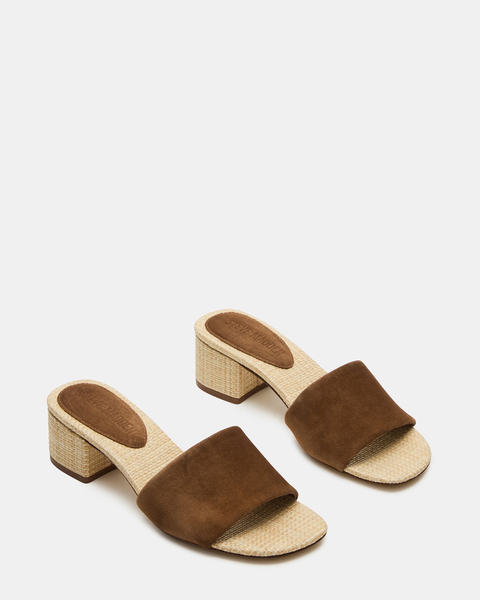 Close-up of the square toe design on block heel sandals