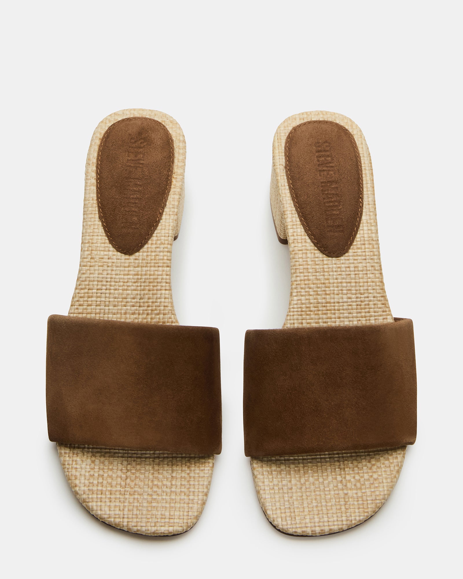 Side view of elegant chestnut suede block heel mule sandals