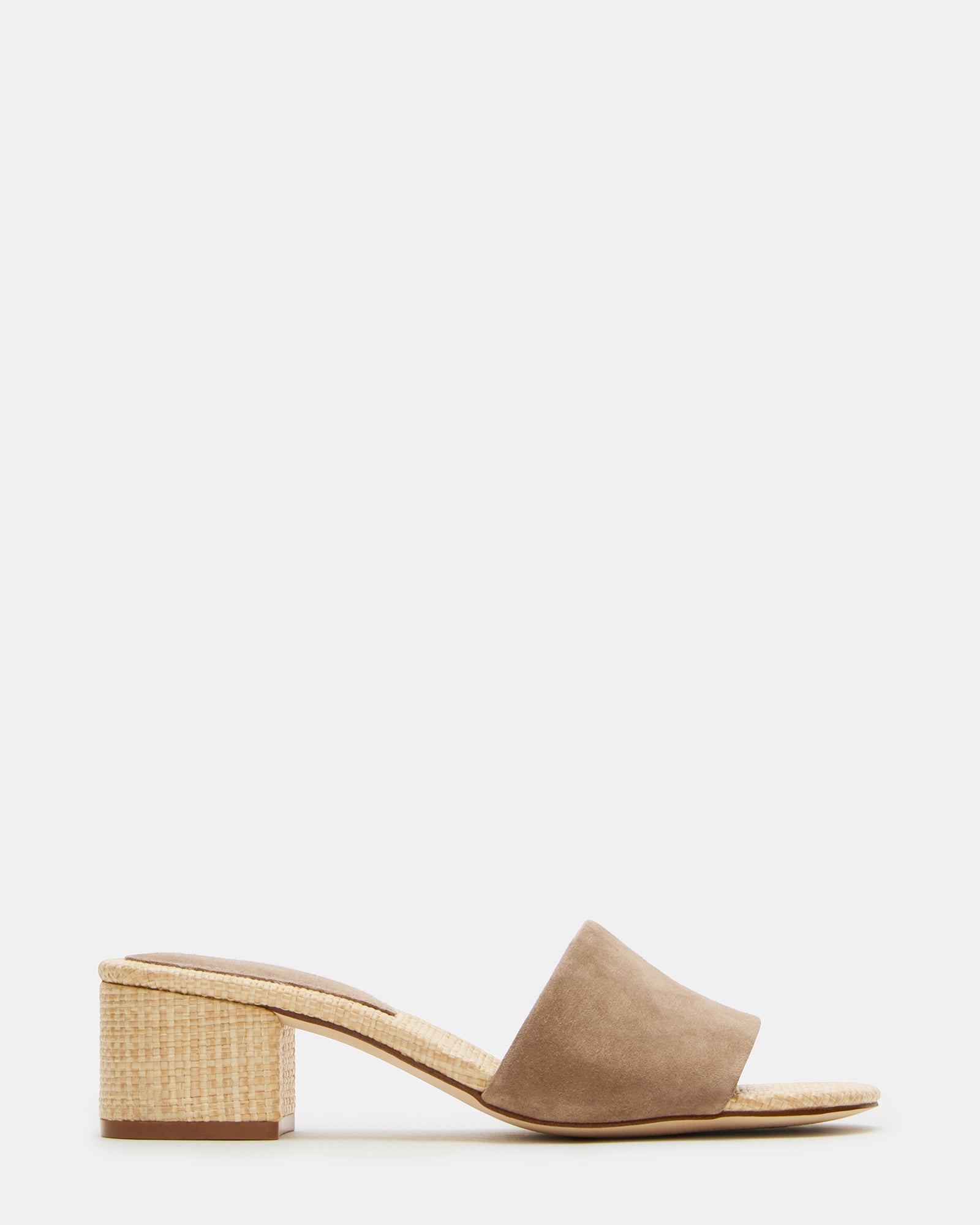 Taupe suede mule sandals with modern square toe design and sturdy block heel