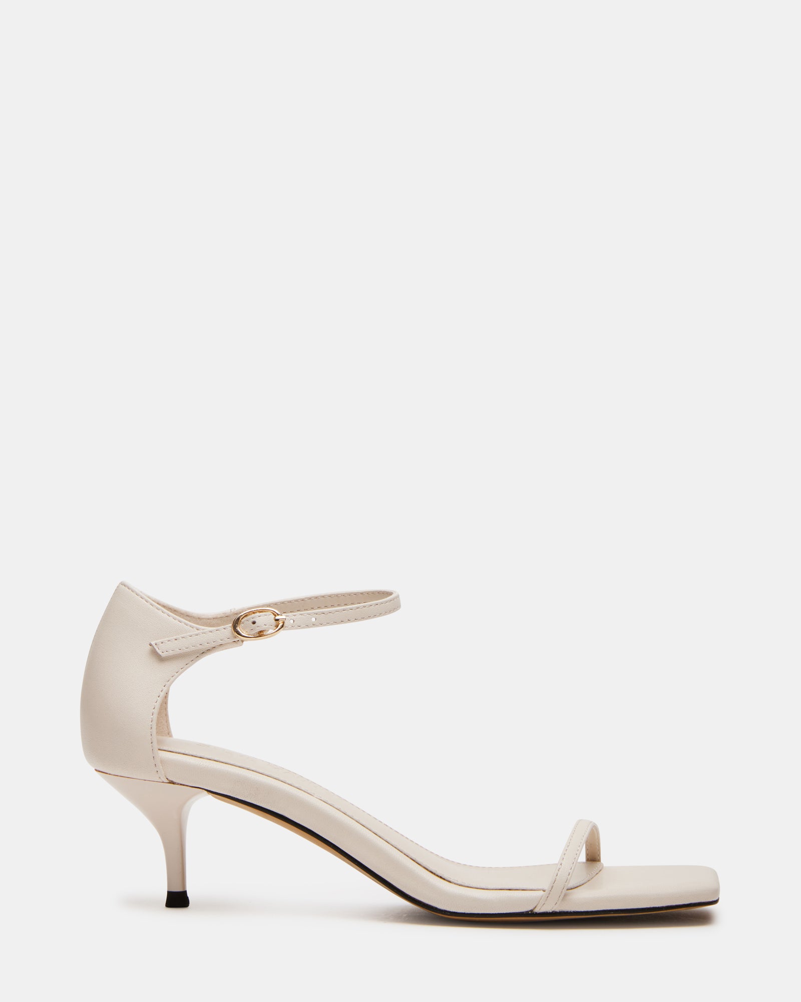 Side view of HAIZLEY Bone Leather kitten heels with ankle strap and square toe