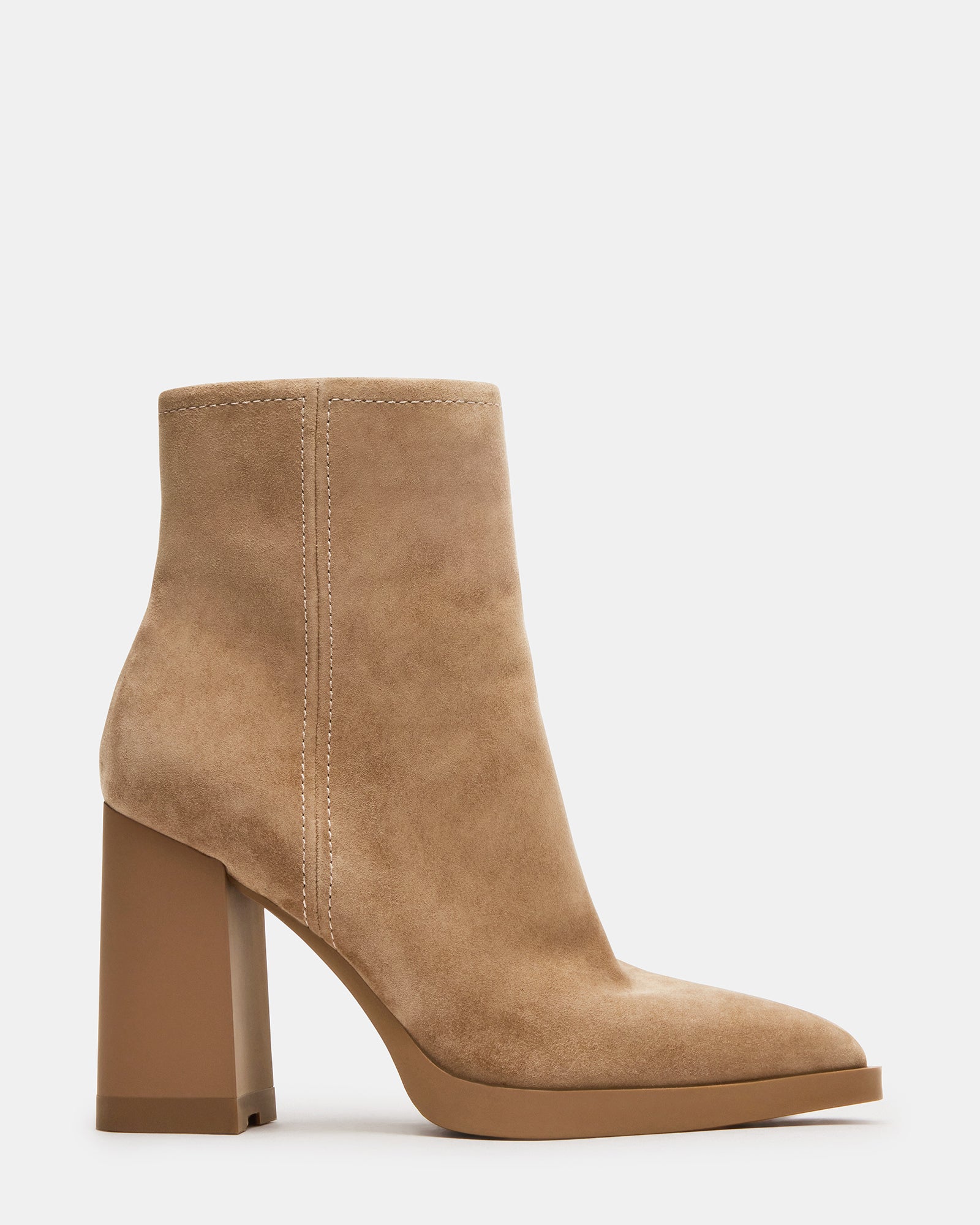 Elegant brown suede ankle booties displayed from the side.