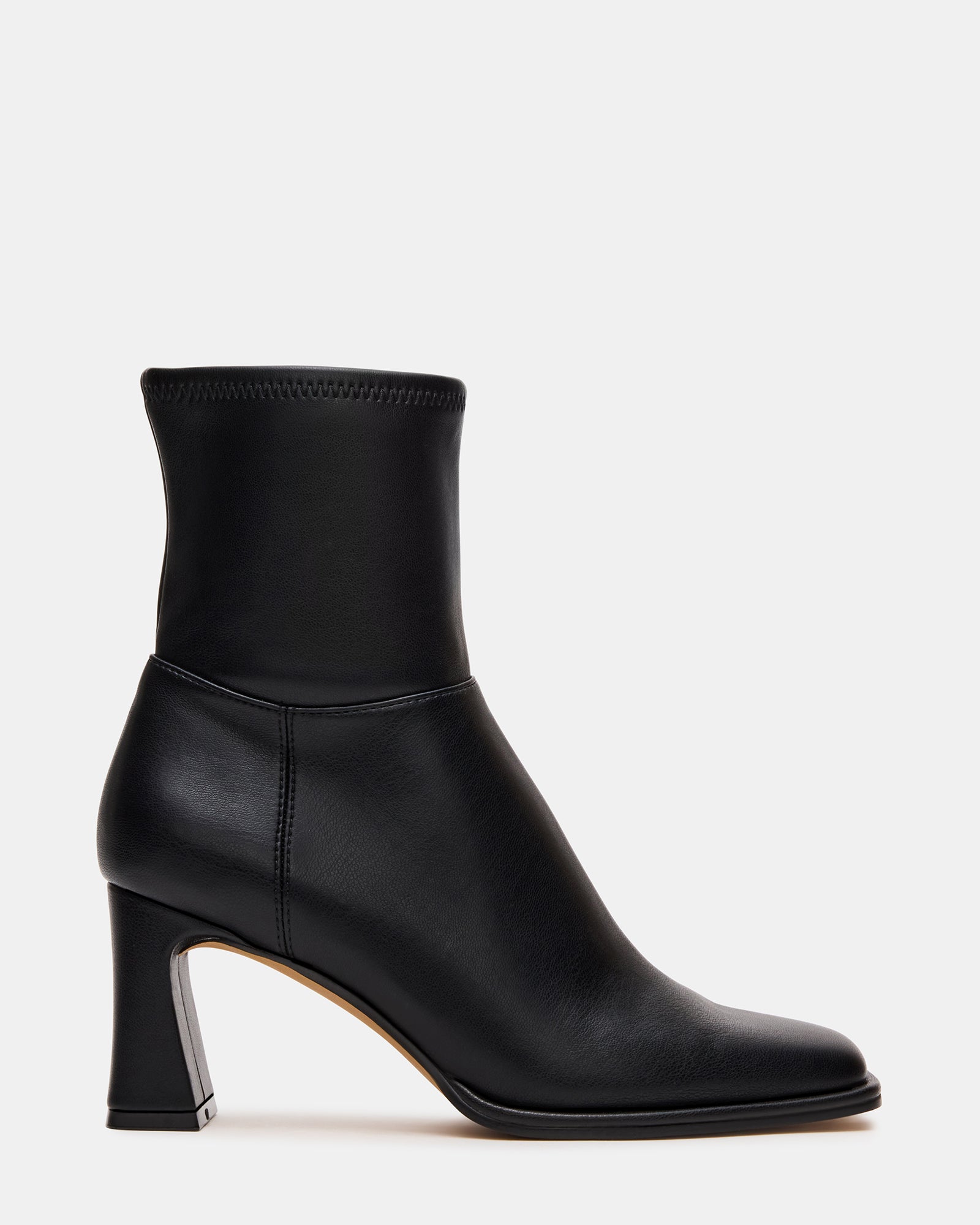 Front view of black vegan leather ankle boots with square toe and heel