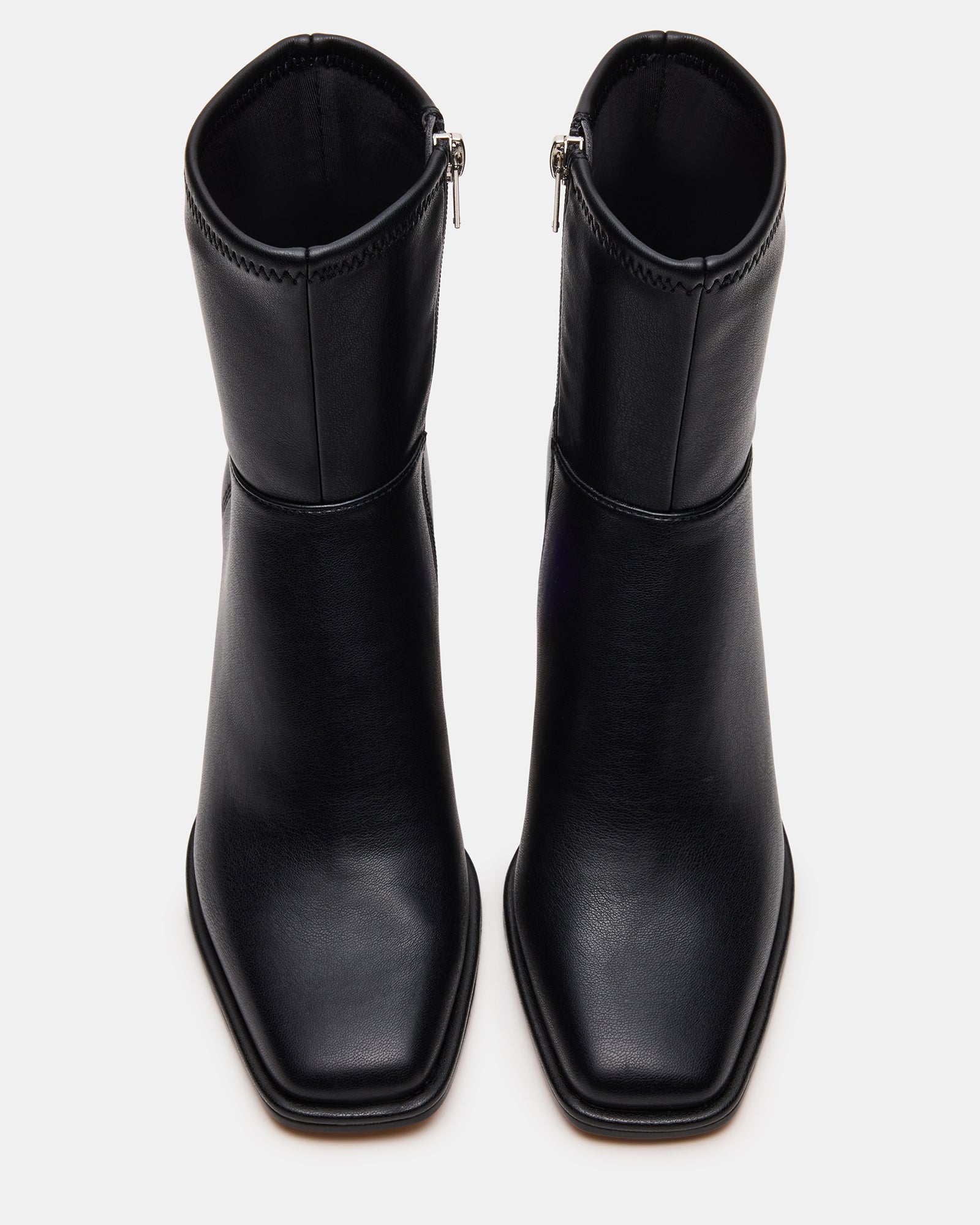 Front view of black vegan leather ankle boots with square toe and heel