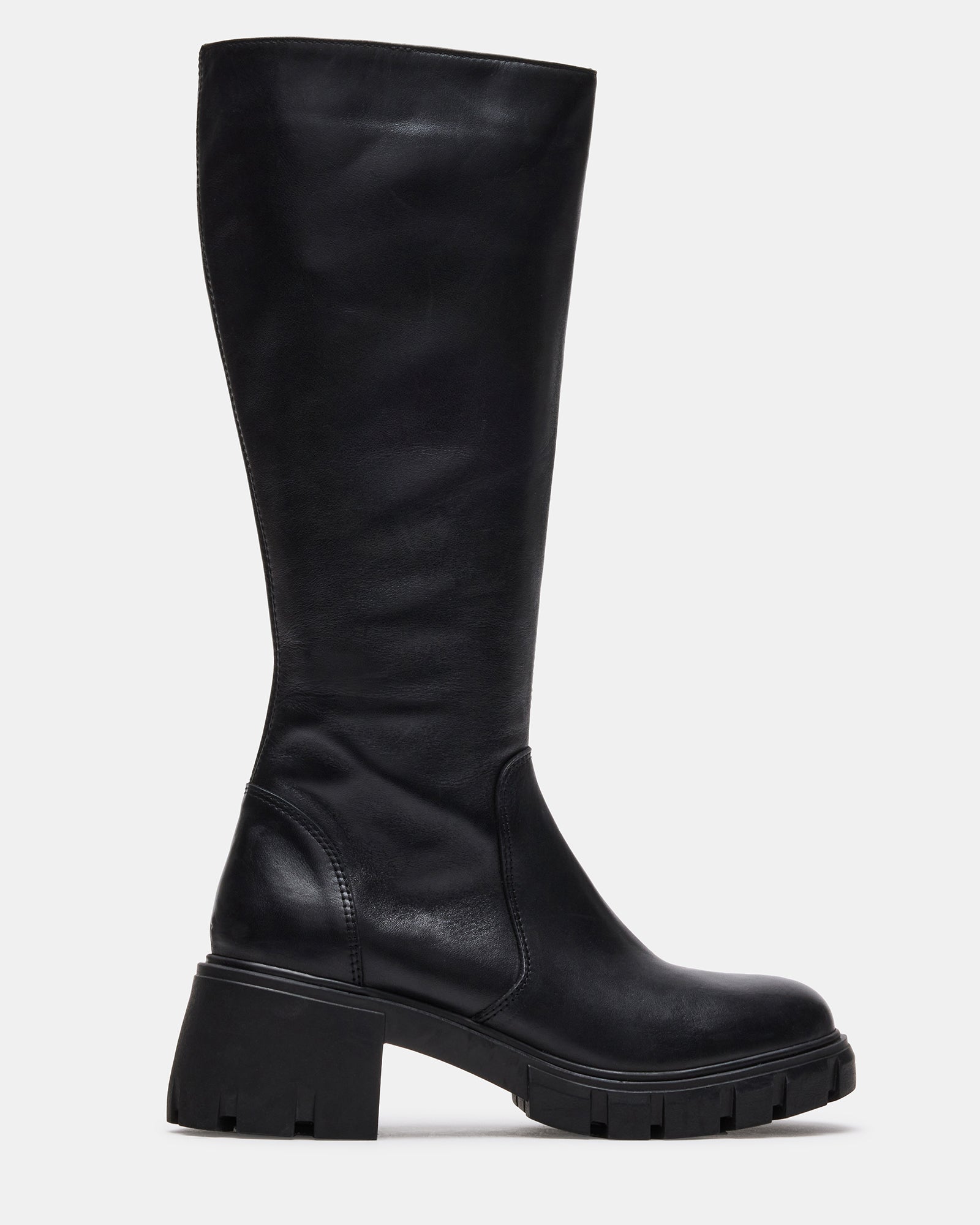 Black leather knee boots with chunky sole, side view