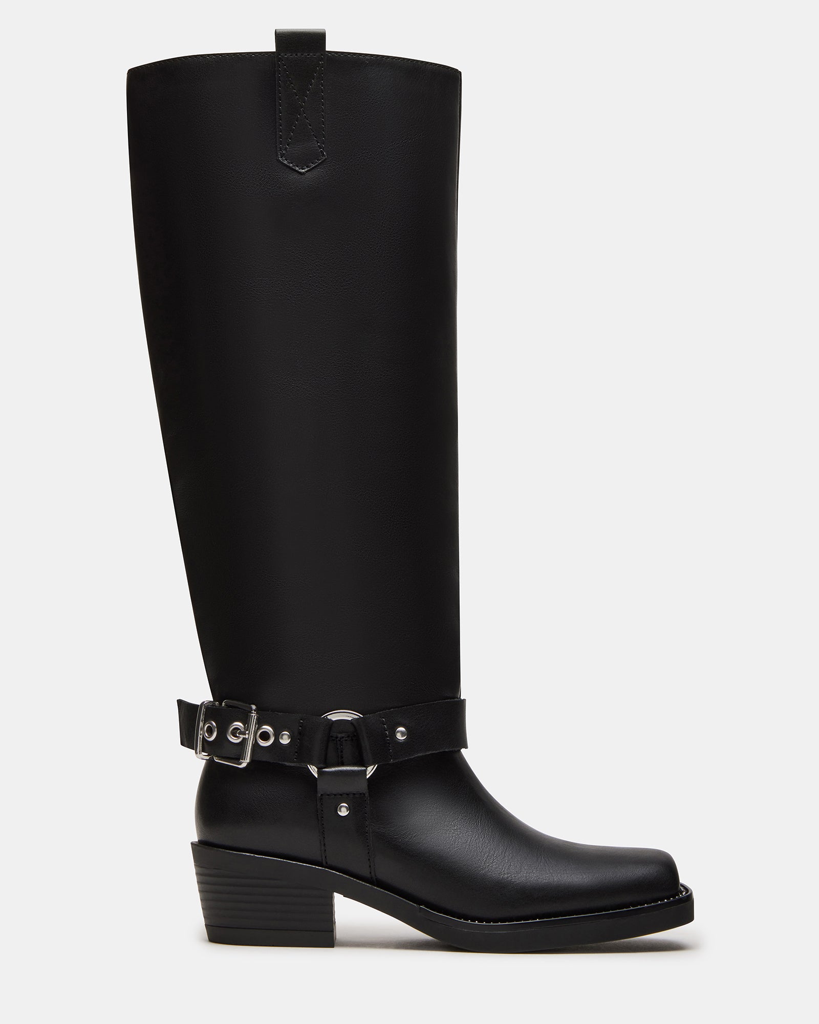 Side view of HAWKINS brown leather moto boots showcasing buckle detail