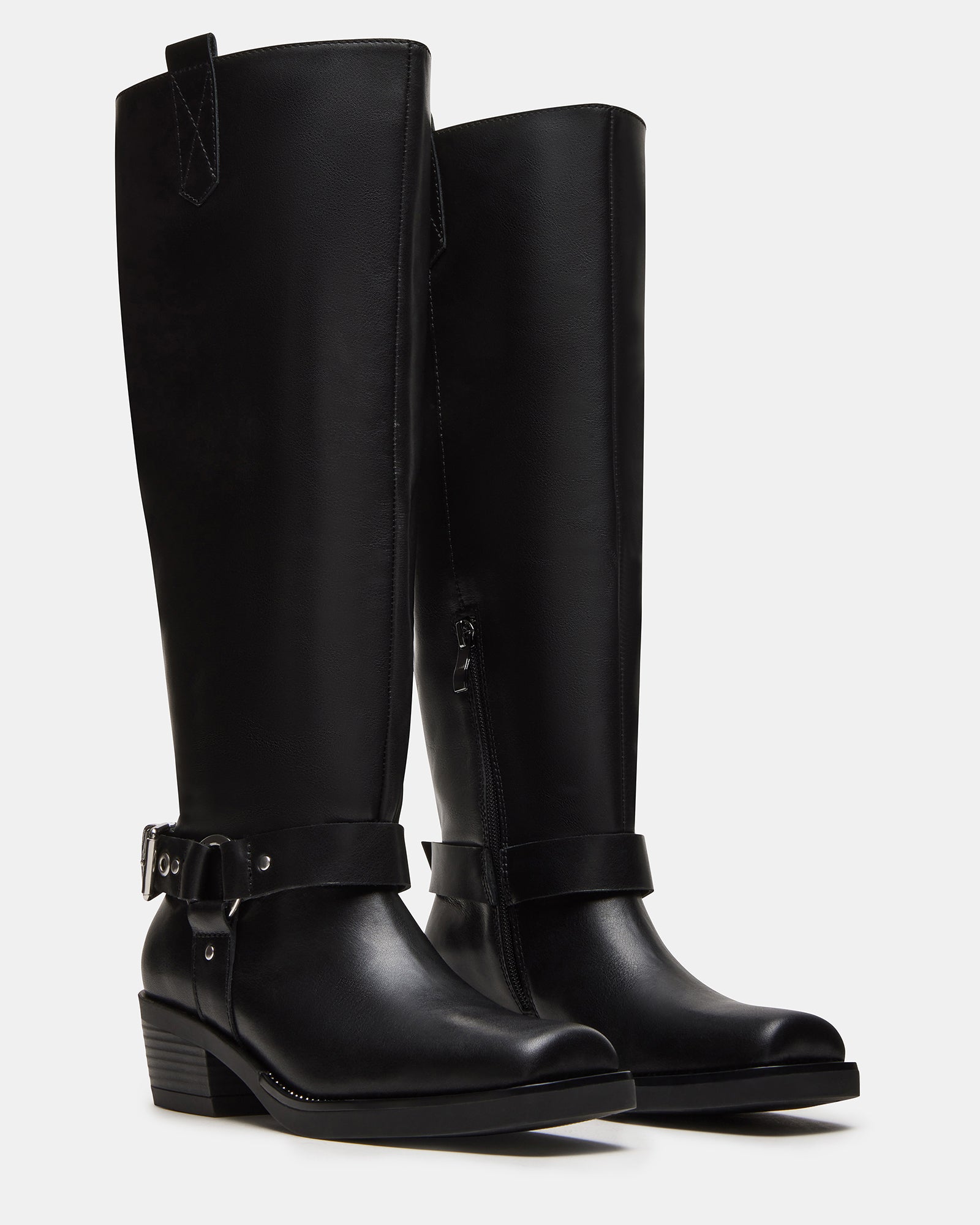 Close-up of the square toe design of the leather knee-high boots