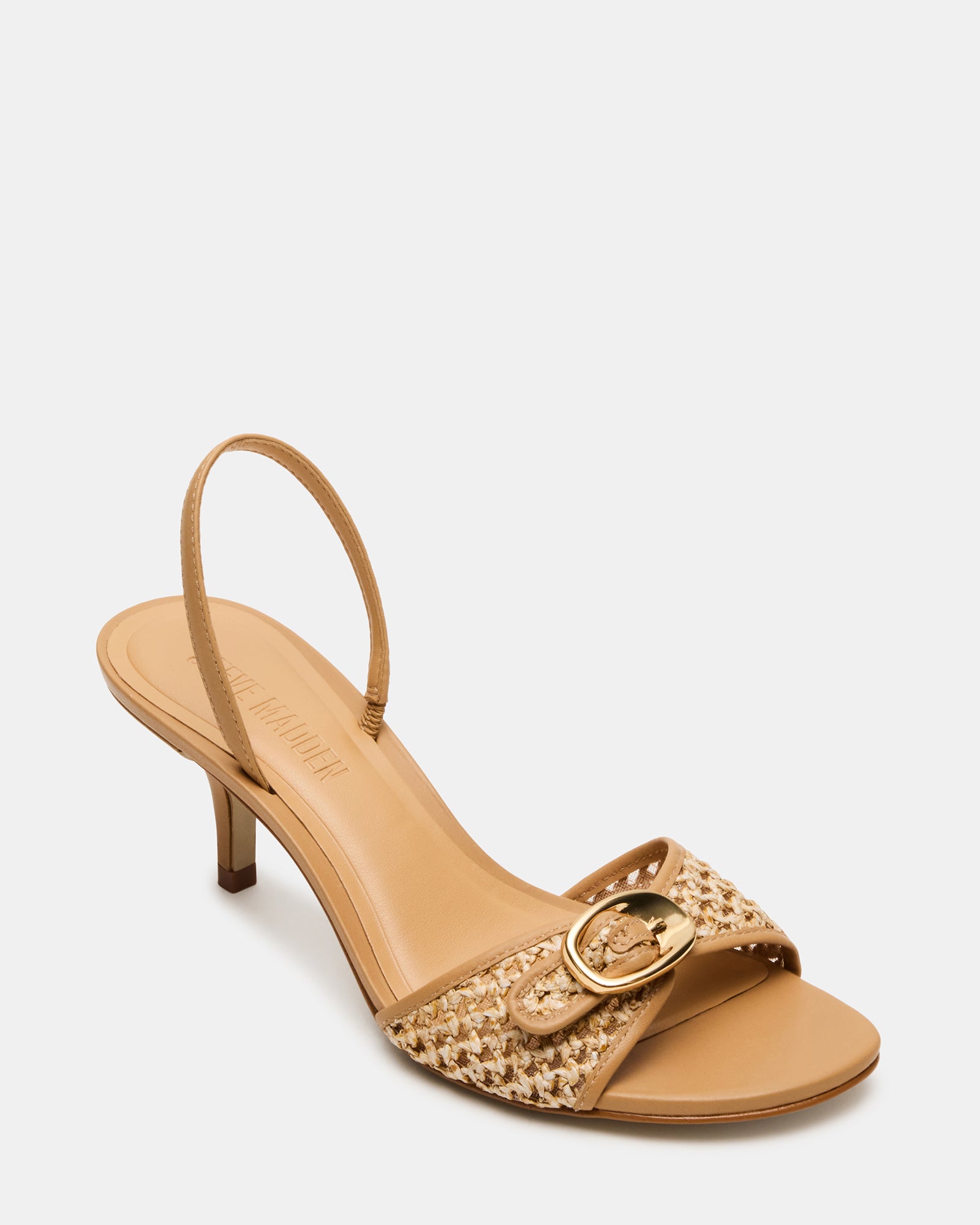 Close-up of raffia weaving and leather trim on square toe kitten heels