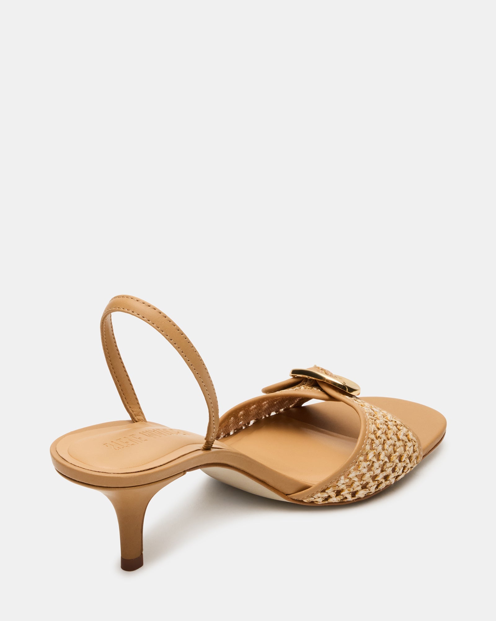 Close-up of raffia weaving and leather trim on square toe kitten heels