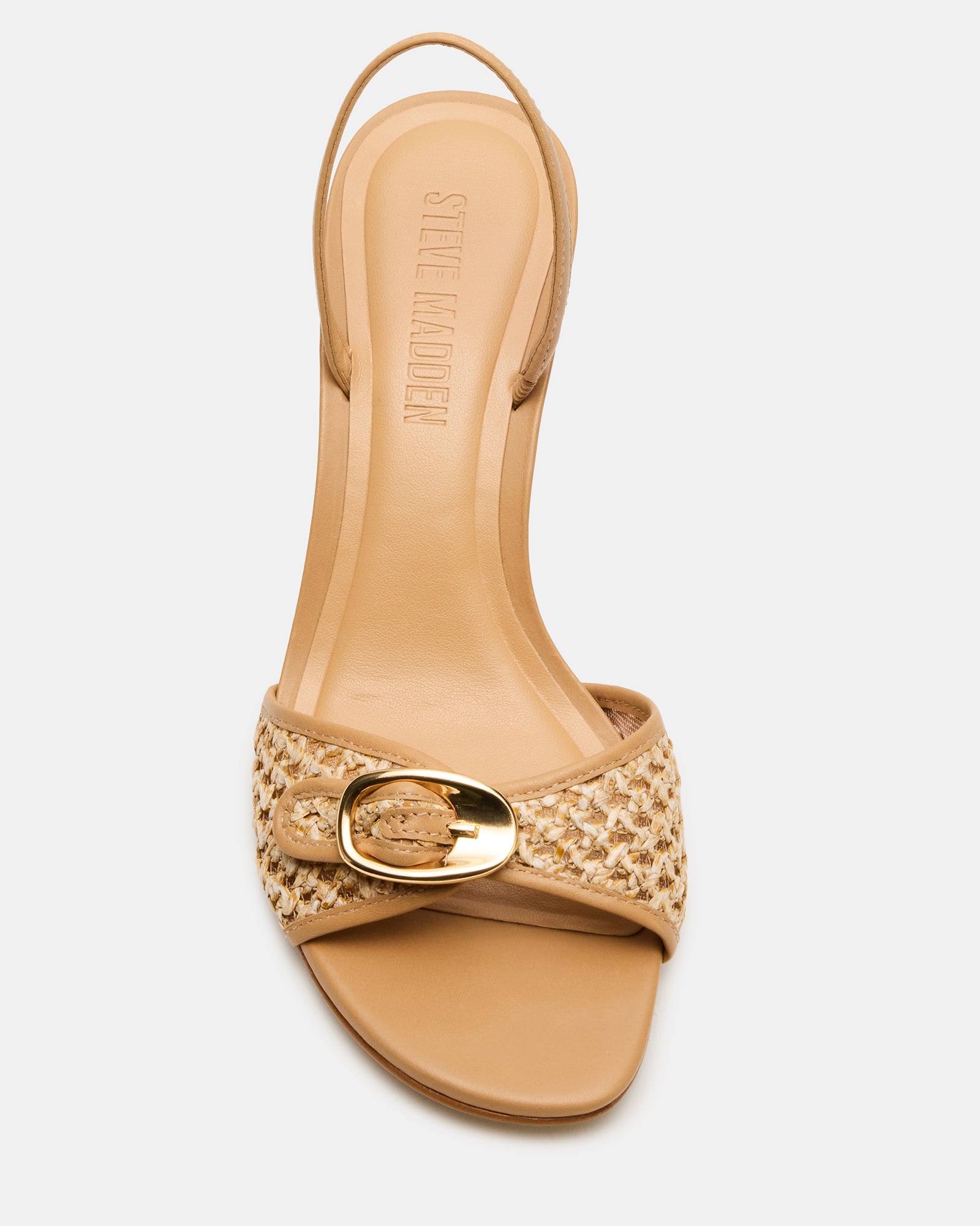 Side view of Henrietta nude slingback heels showing square toe and raffia texture