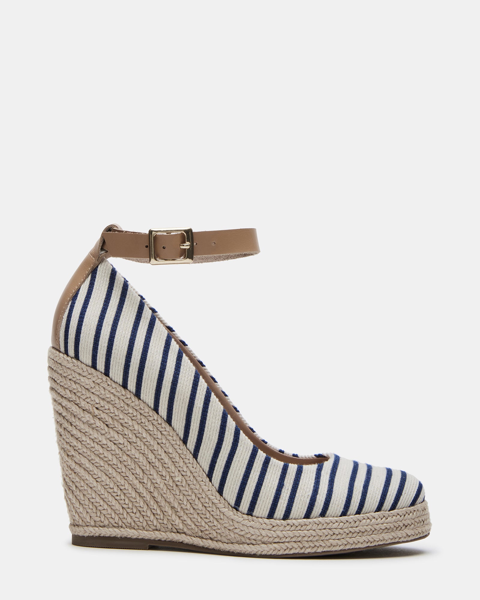 Side view of HIGHTIDE navy multi wedge heel sandals with ankle strap and braided sole