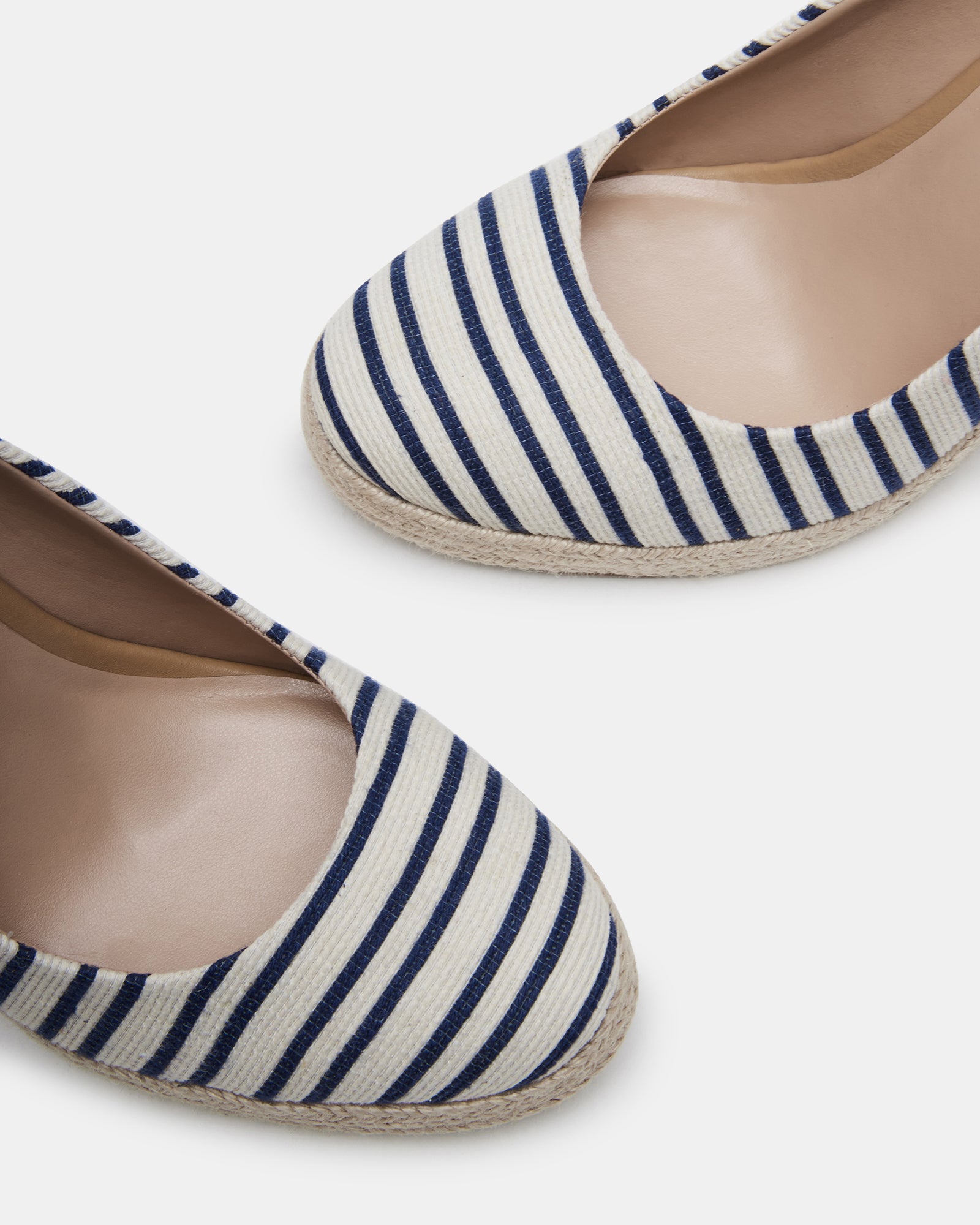Side view of HIGHTIDE navy multi wedge heel sandals with ankle strap and braided sole