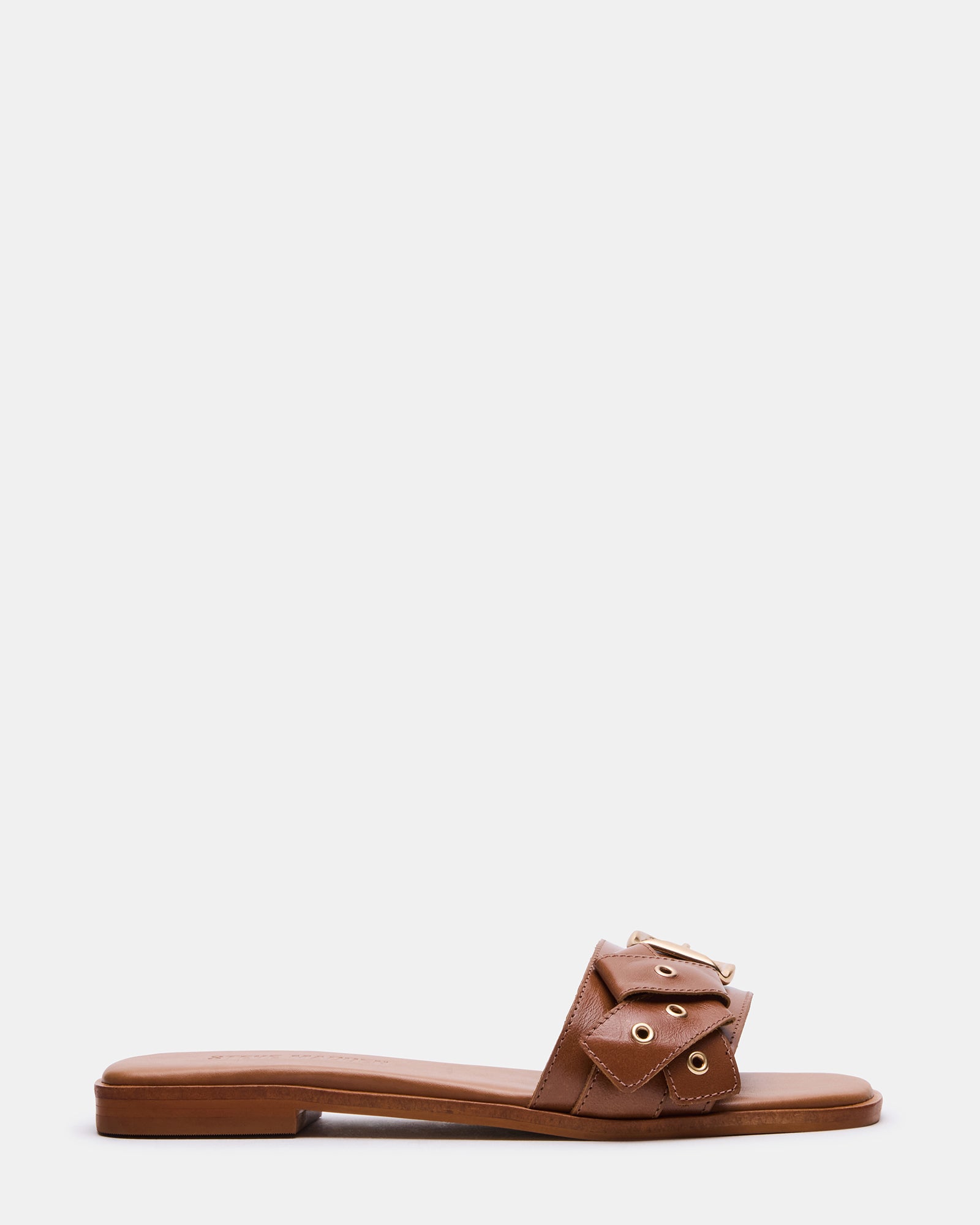 Hilaria tan leather sandals showing modern square-toe design.