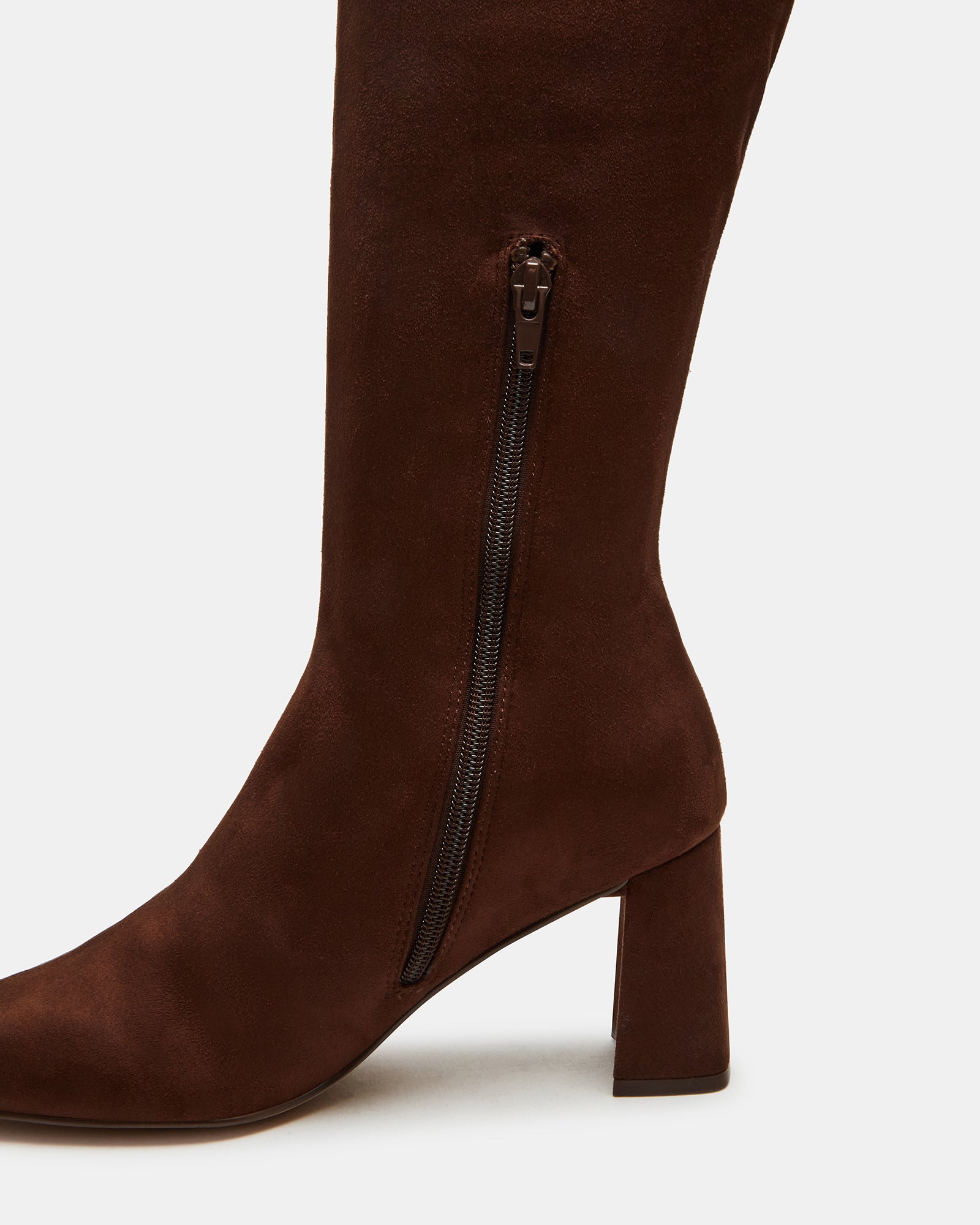 Side view of Holly Brown knee high boots showcasing square toe and block heel