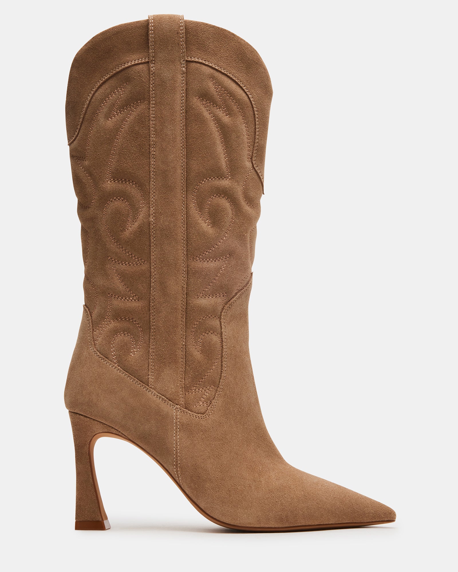 Side profile of chic ankle boots with suede texture and western heel