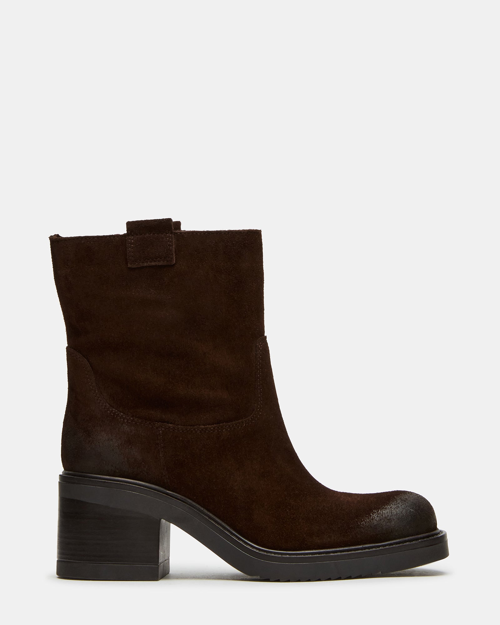 Side view of stylish brown suede ankle boots with a block heel.