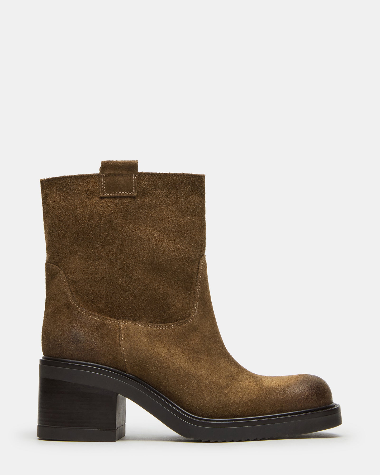 Front angle of suede booties styled with autumn denim look