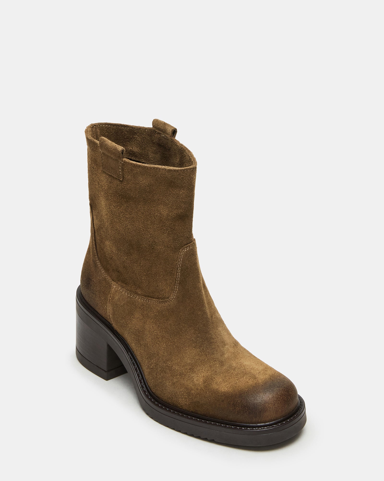 Profile of black suede booties showing block heel and shaft height