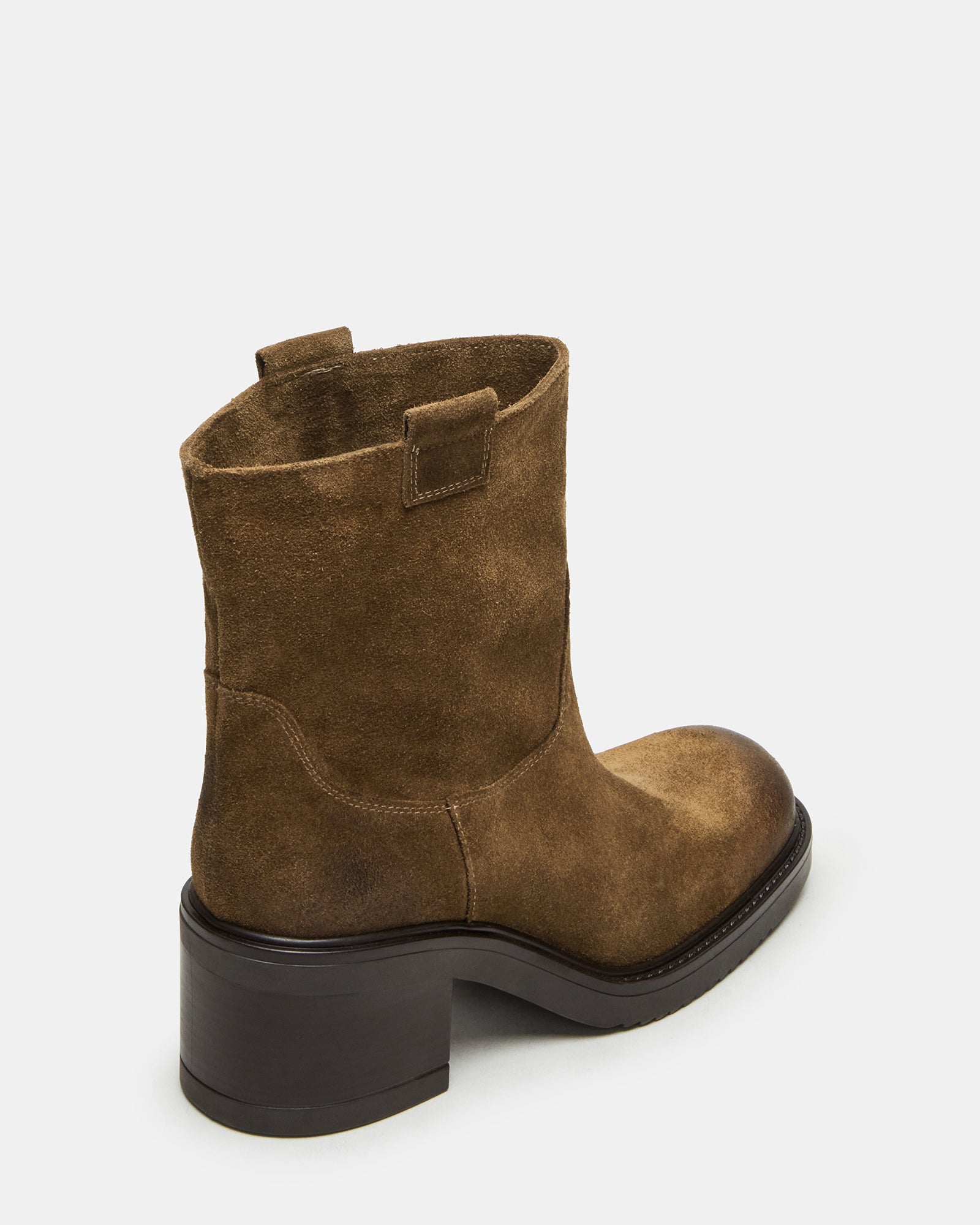 Profile of black suede booties showing block heel and shaft height