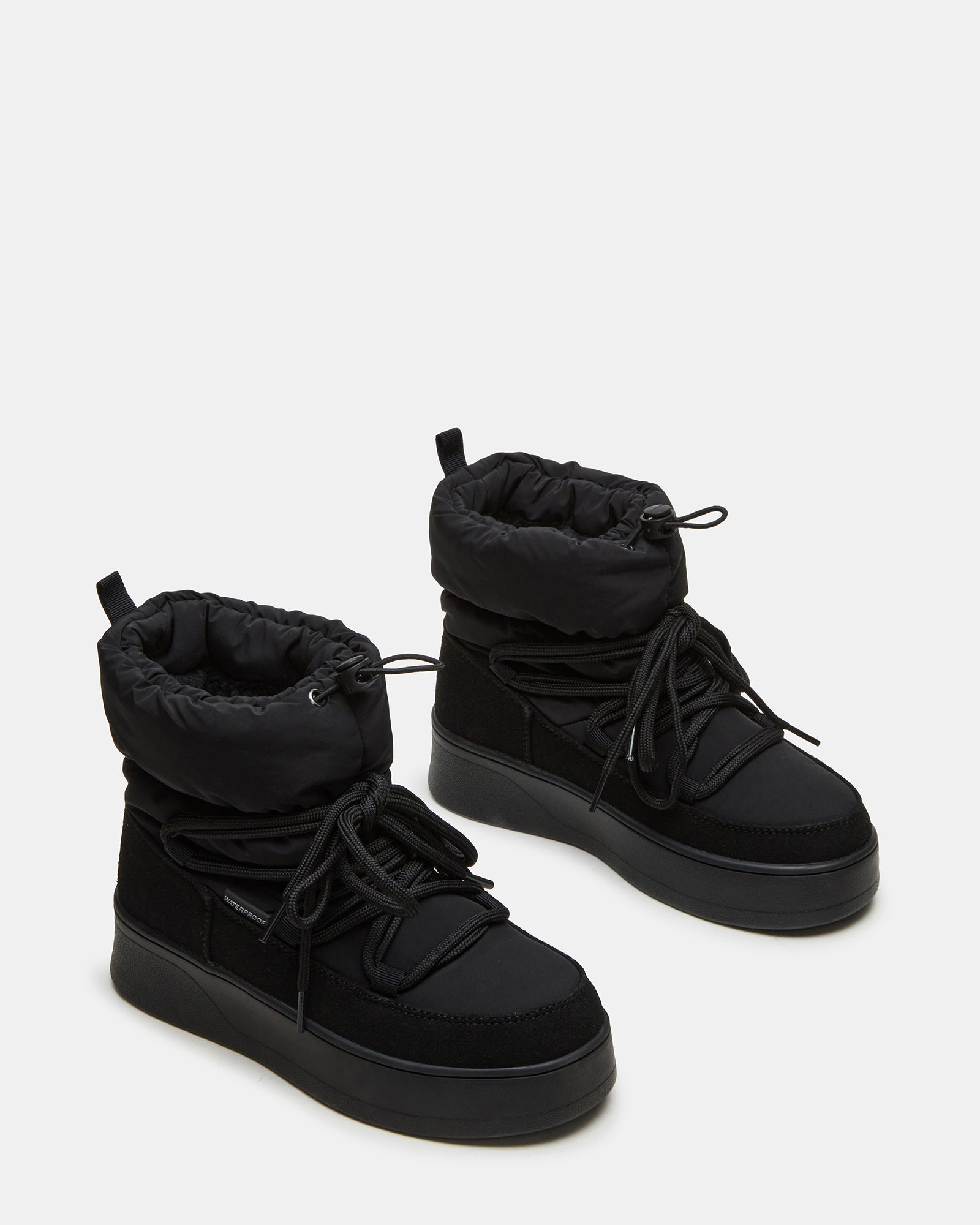 Close-up of puffy ankle boots showing faux fur lining