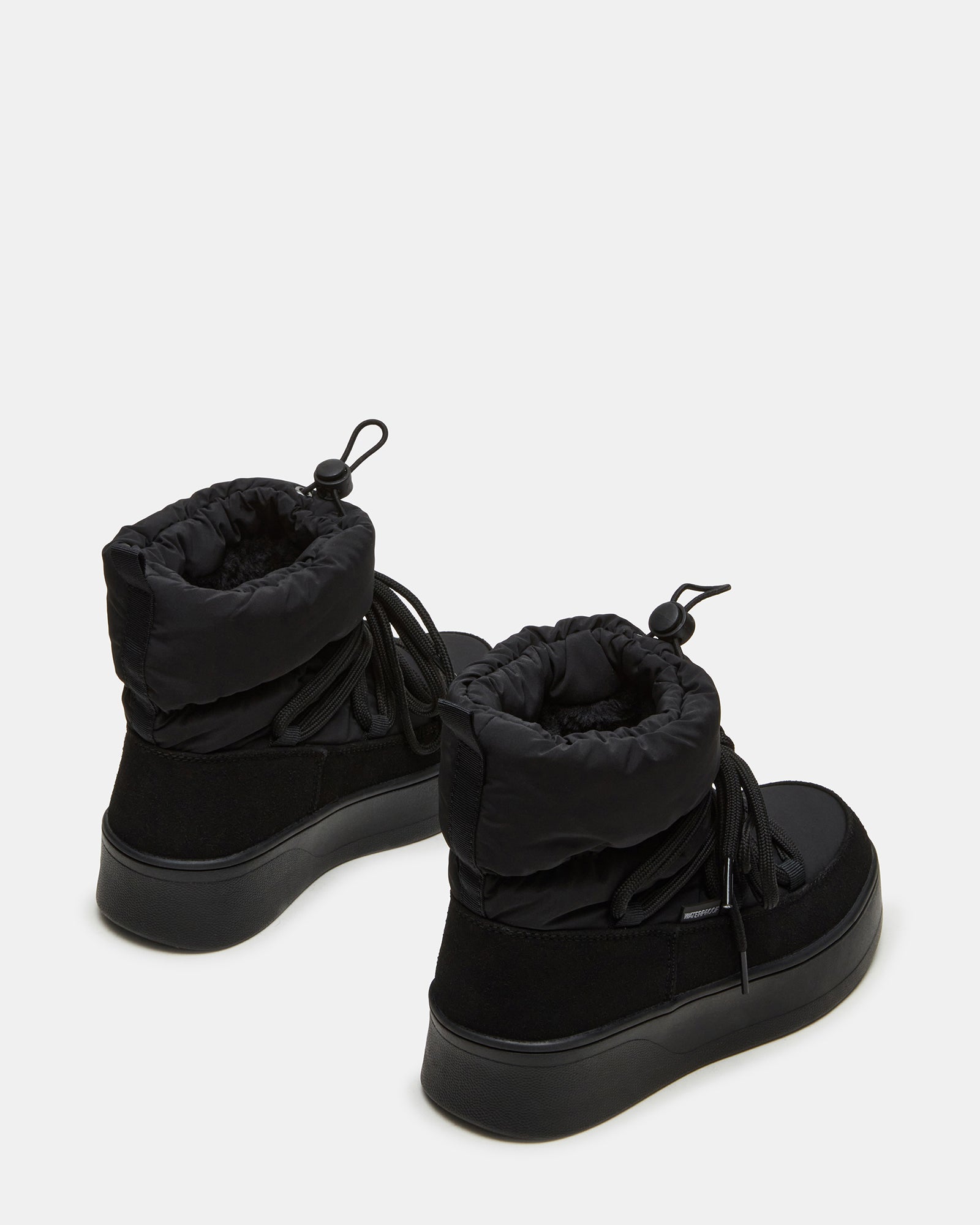 Close-up of puffy ankle boots showing faux fur lining