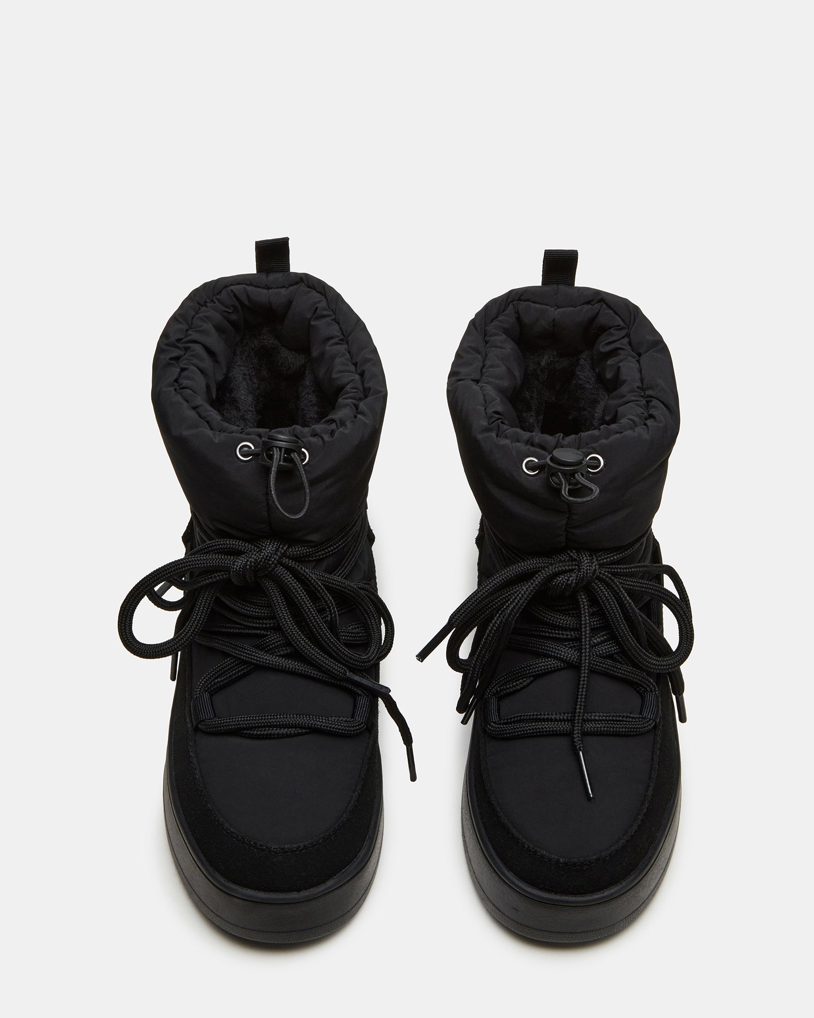 ICE BLACK winter boots front view on snowy pavement