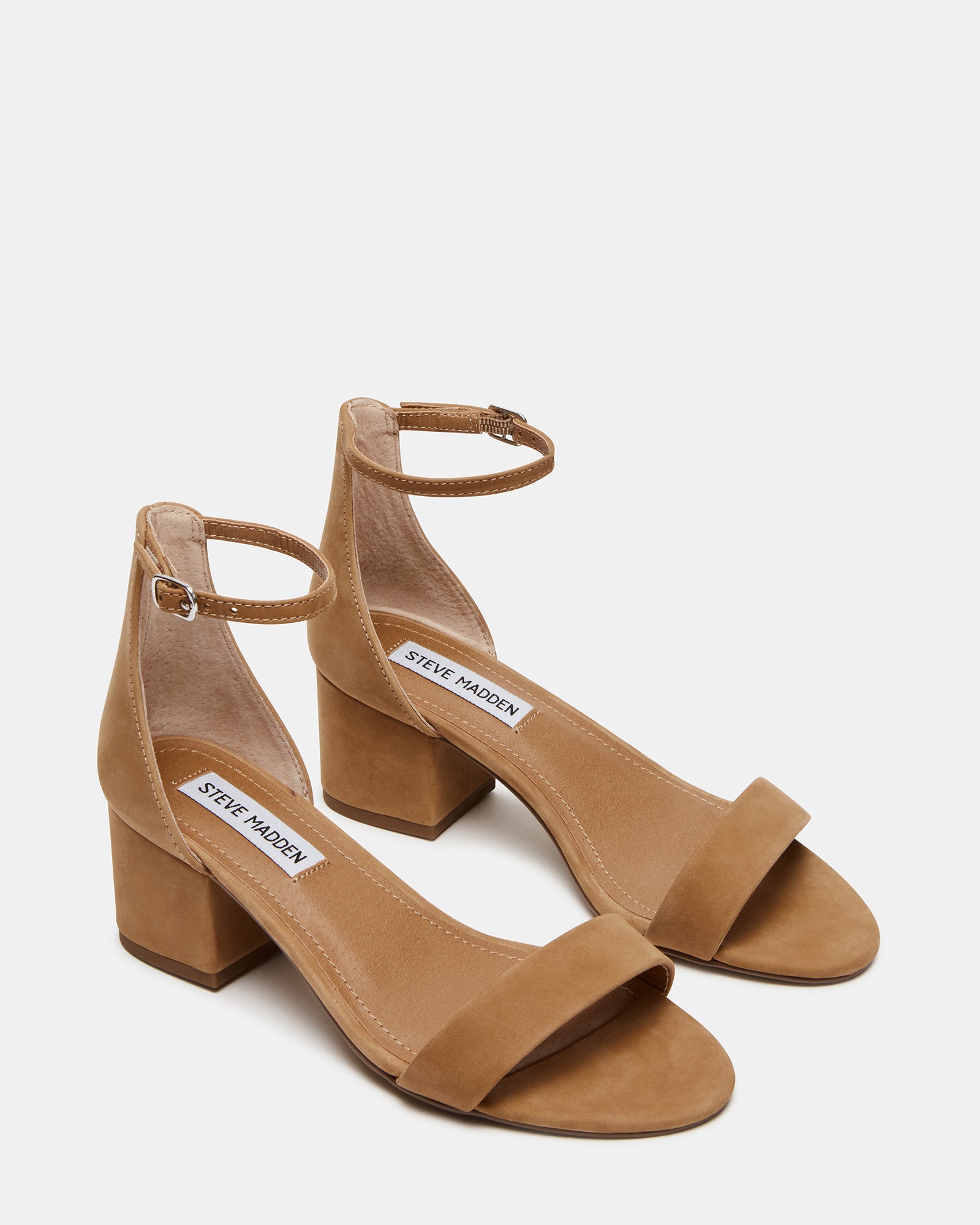 Close-up of the low block heel on IRENEE wide width sandals.