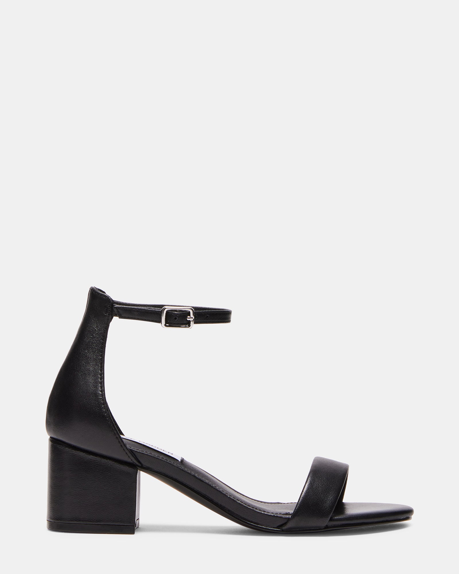 Close-up of black block heels showcasing the ankle strap design.
