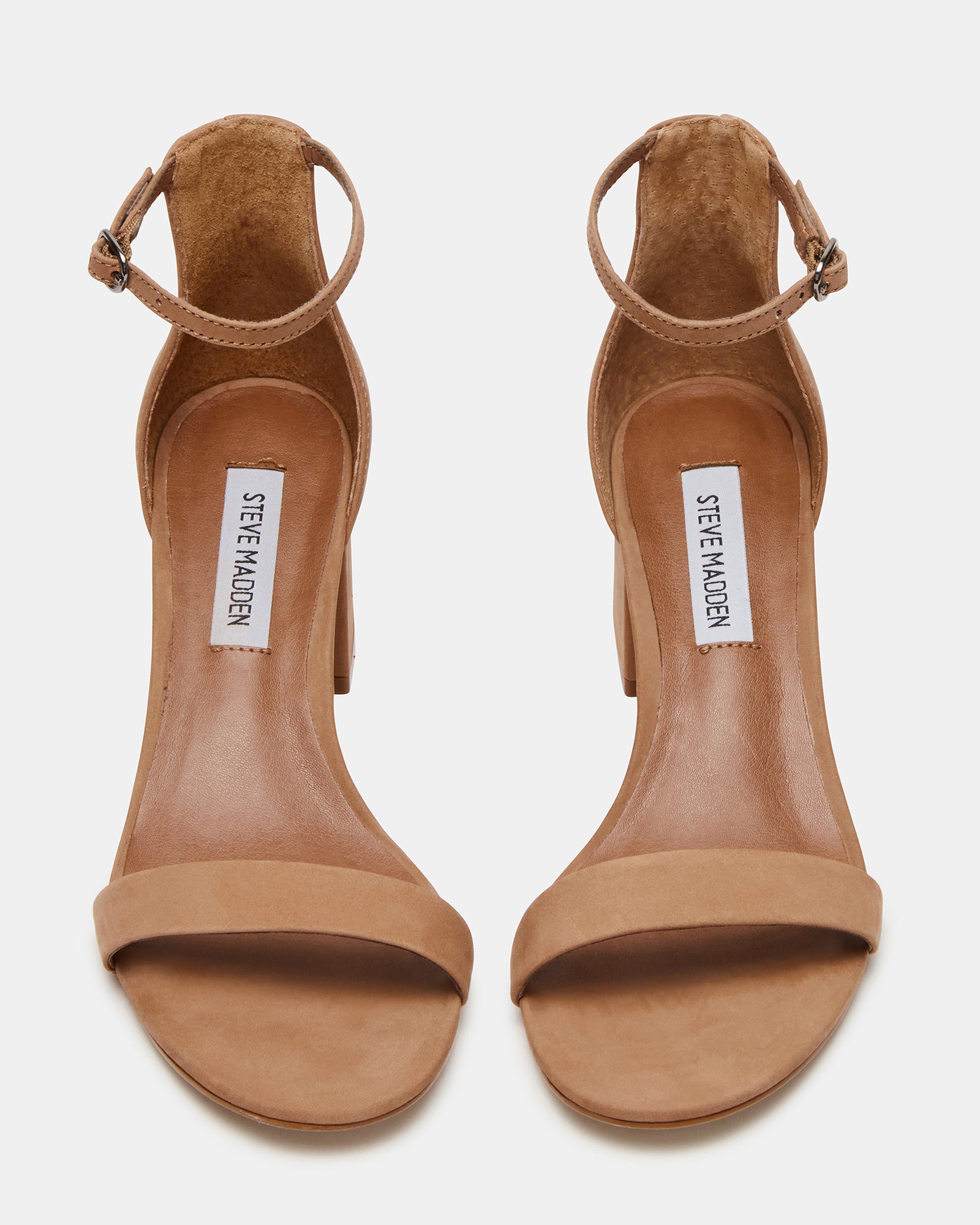 Side view of IRENEE tan nubuck block heel sandals showing the ankle strap and heel detail