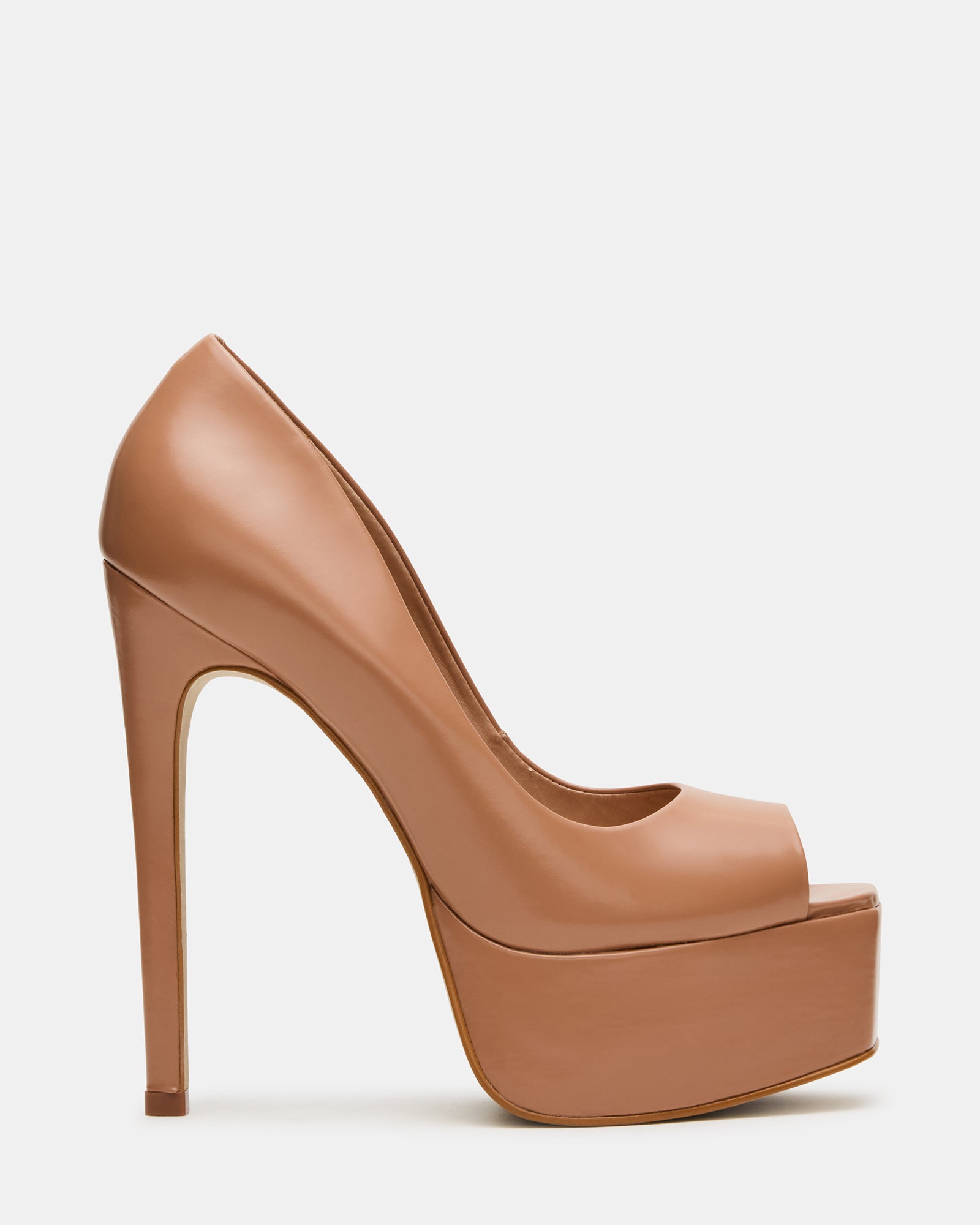 Side angle of blush stiletto heels showing platform height and square toe silhouette.