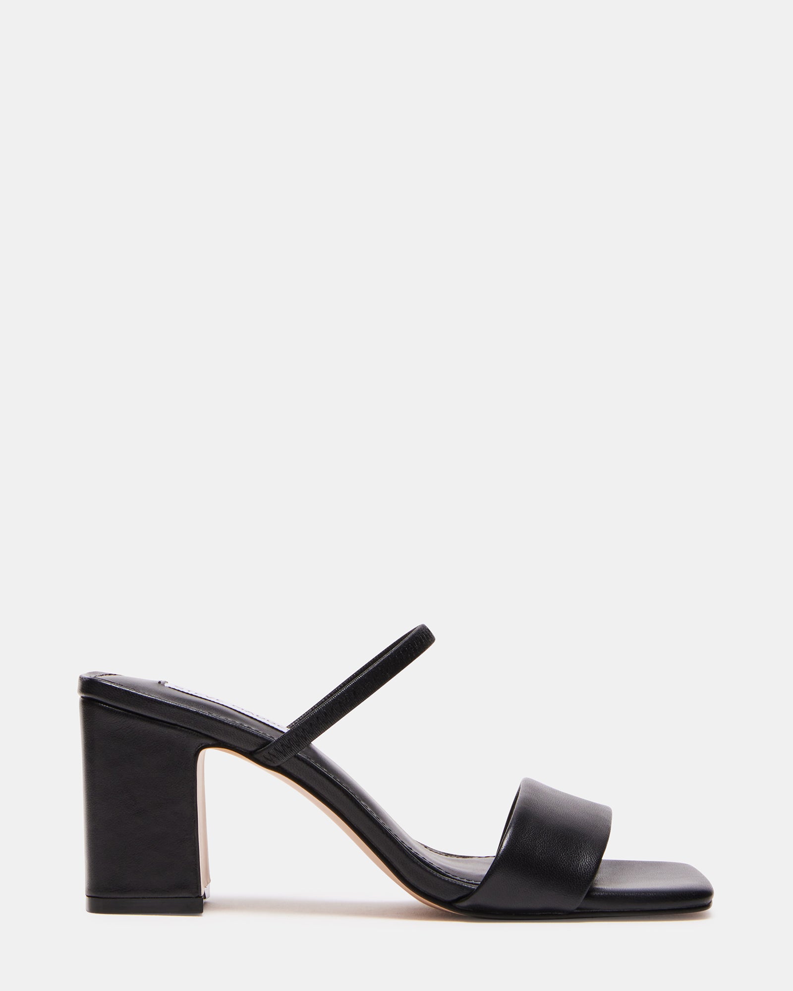 Jaden black block heel sandals angled to show square toe and leather straps