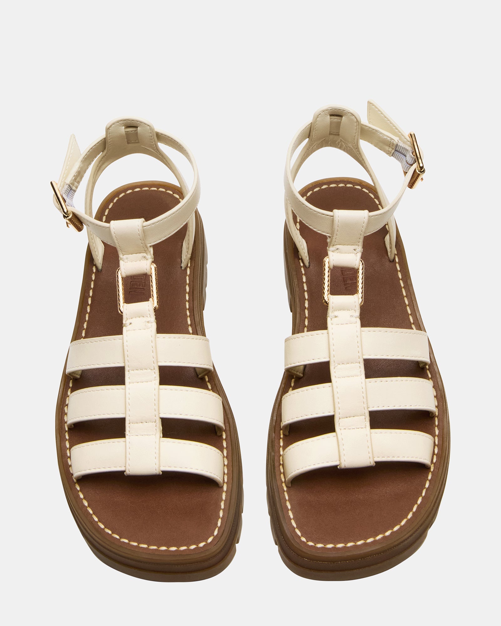 Close-up of strappy sandals showing square toe and cushioned heel from the Jarelli collection