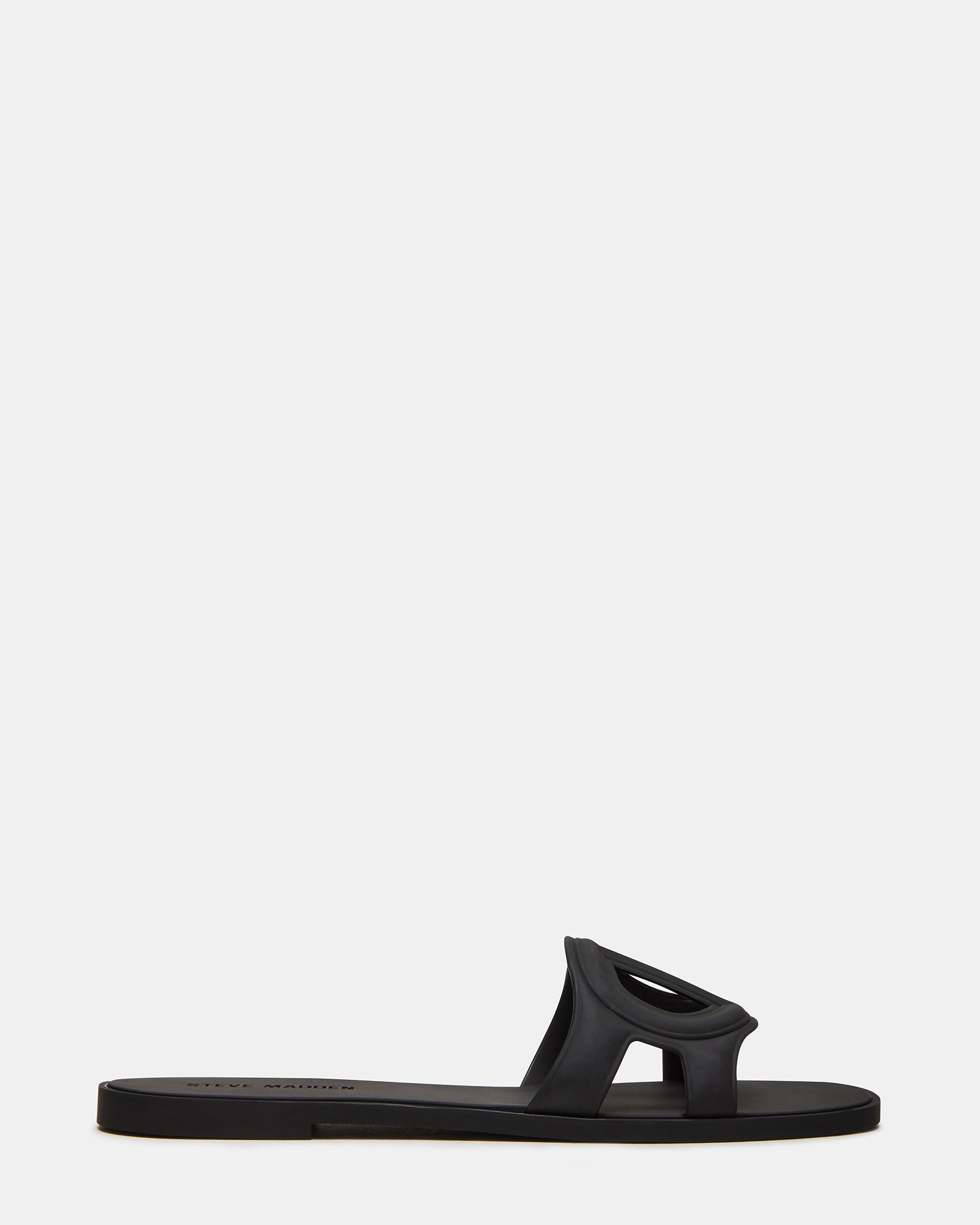 Close-up of JELLIE black slide sandals with a flat design.