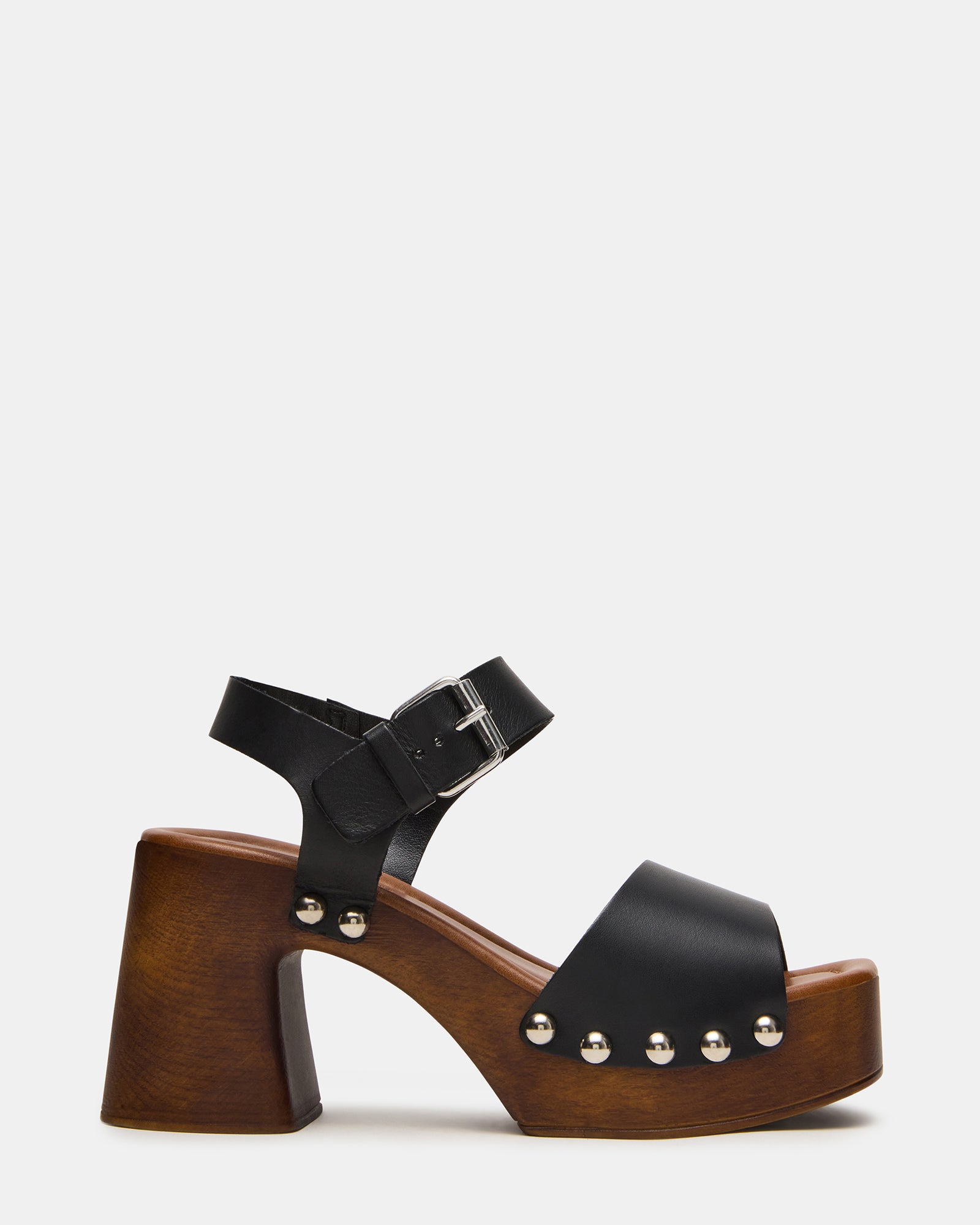 Side view of JEMMA black leather platform sandal with square toe and block heel