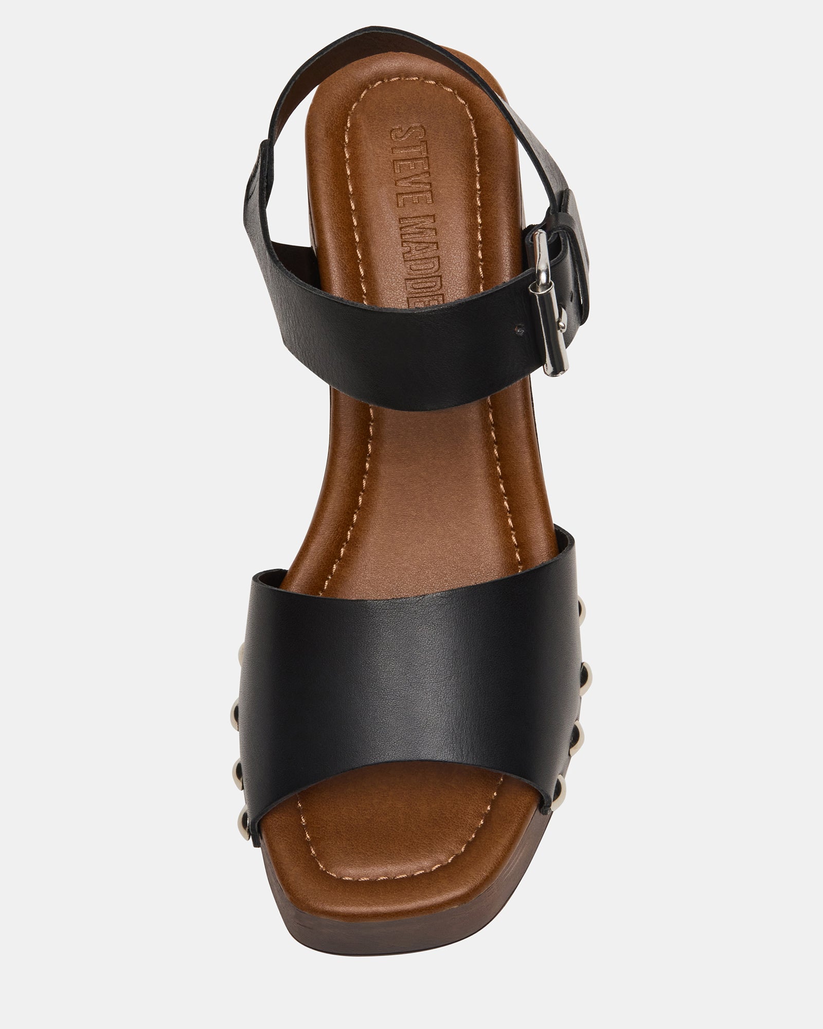 Side view of JEMMA black leather platform sandal with square toe and block heel
