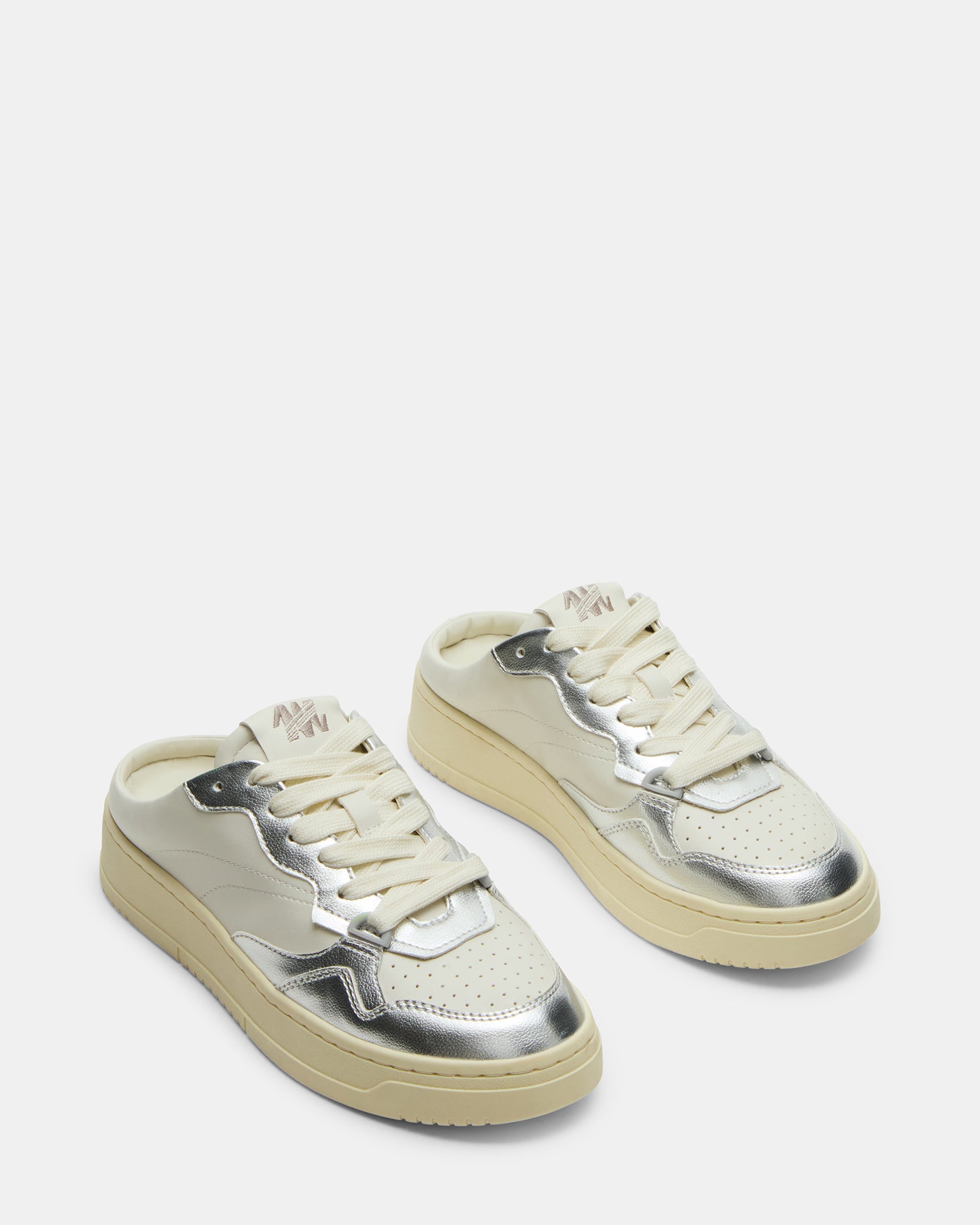 Close-up of the Jensen Silver Multi slip-on shoes highlighting the vegan leather material.