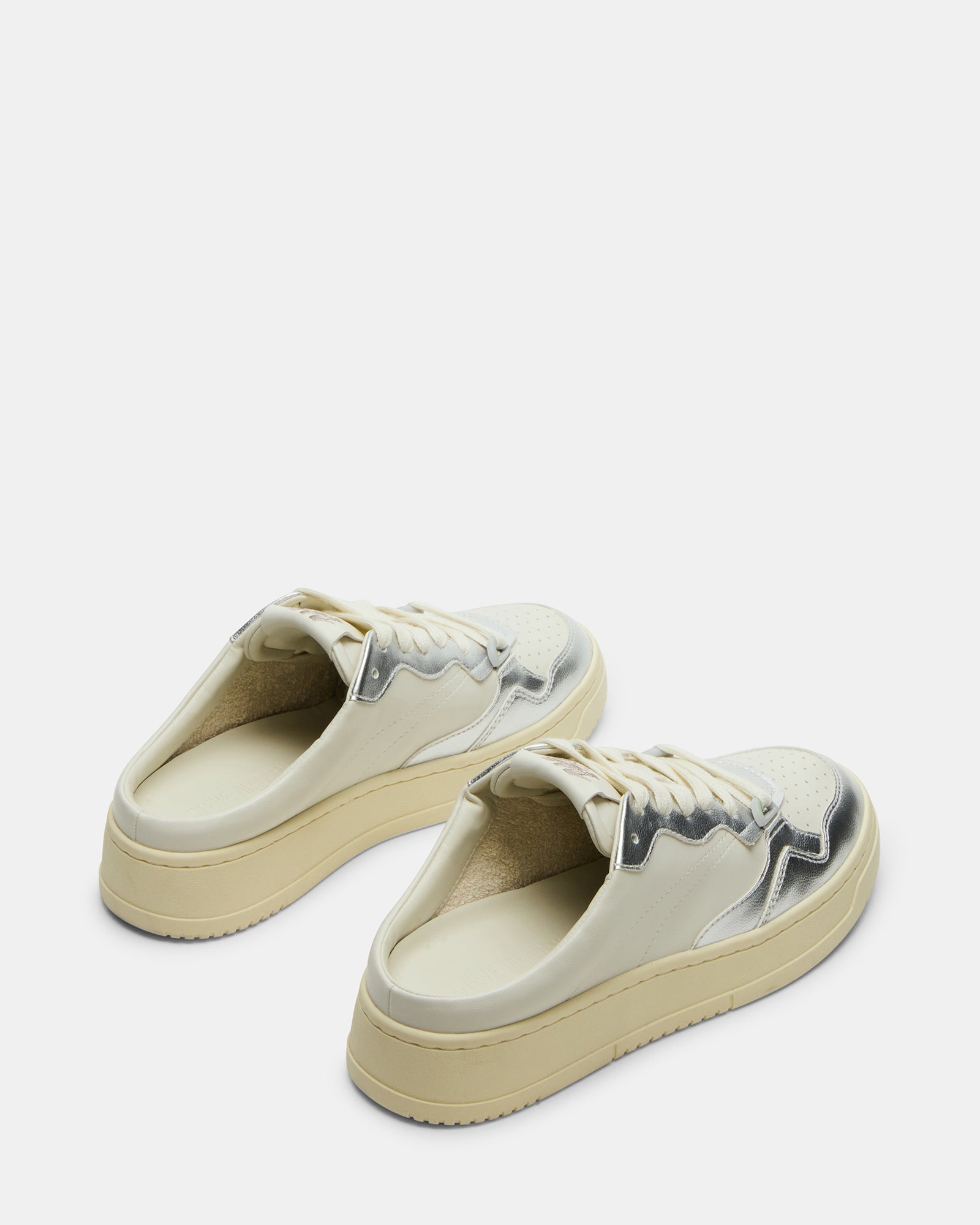Close-up of the Jensen Silver Multi slip-on shoes highlighting the vegan leather material.