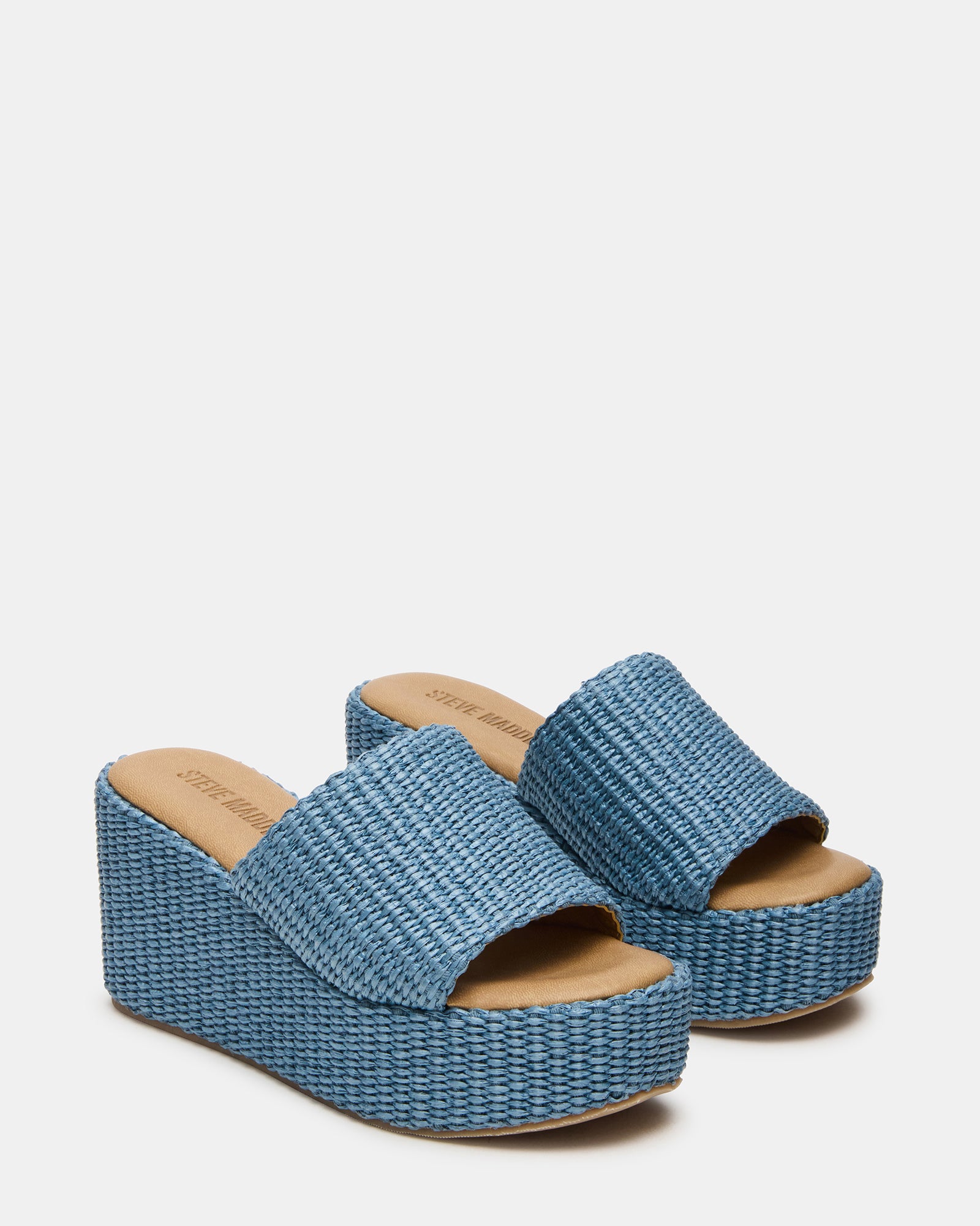 Close-up of the raffia texture on Jetty Blue wedge sandals.