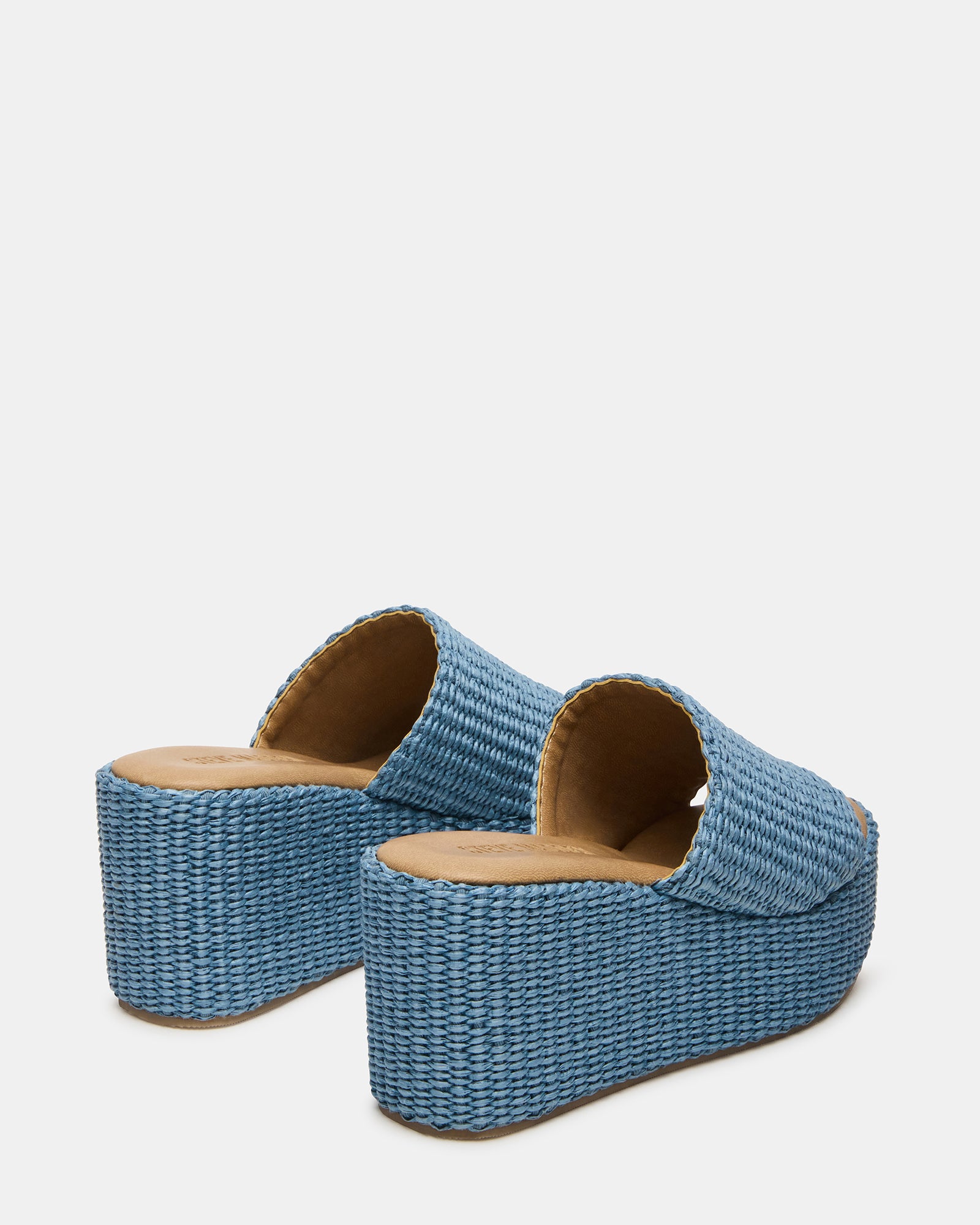 Close-up of the raffia texture on Jetty Blue wedge sandals.