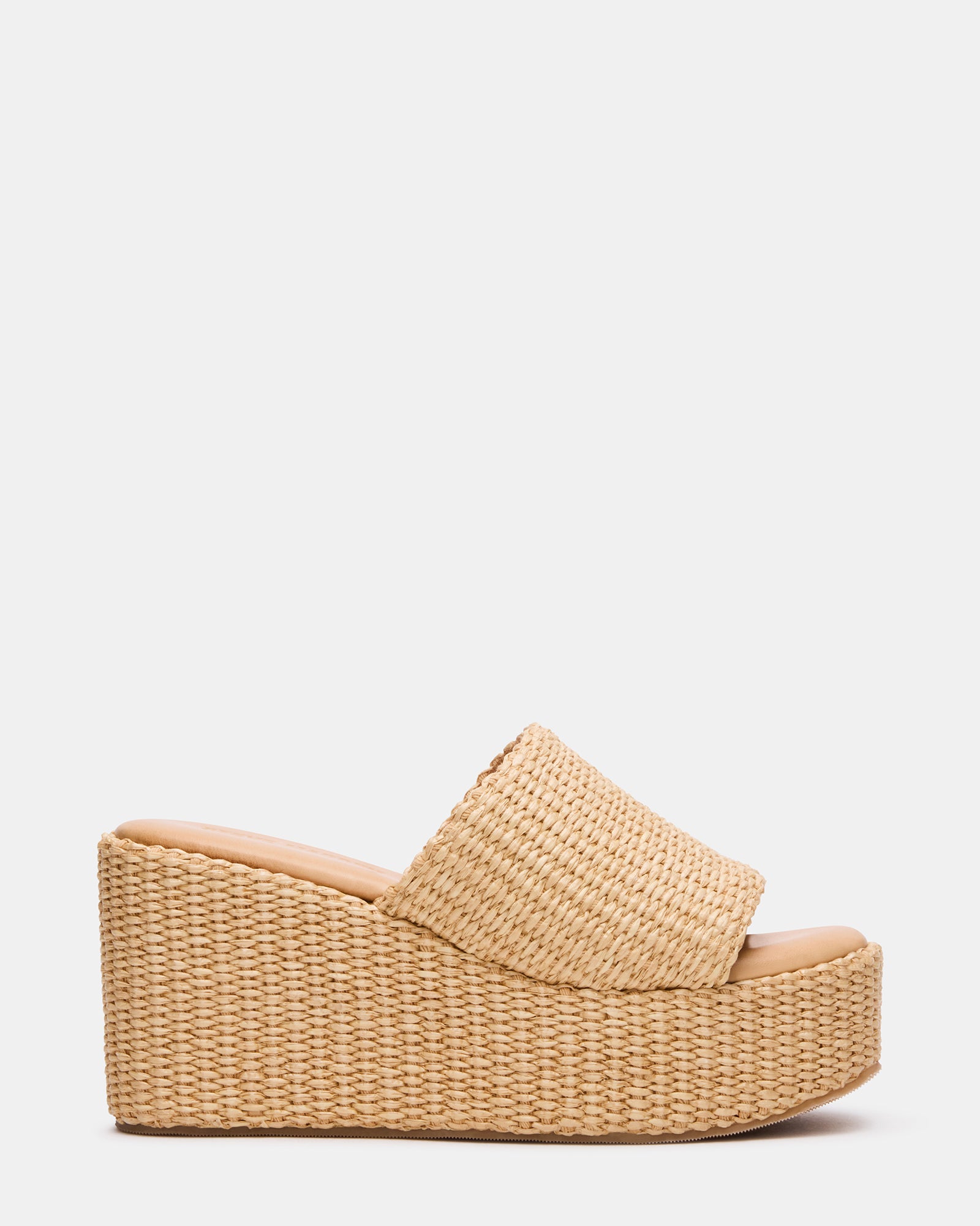 Close-up of raffia platform wedge sandal with natural textured upper